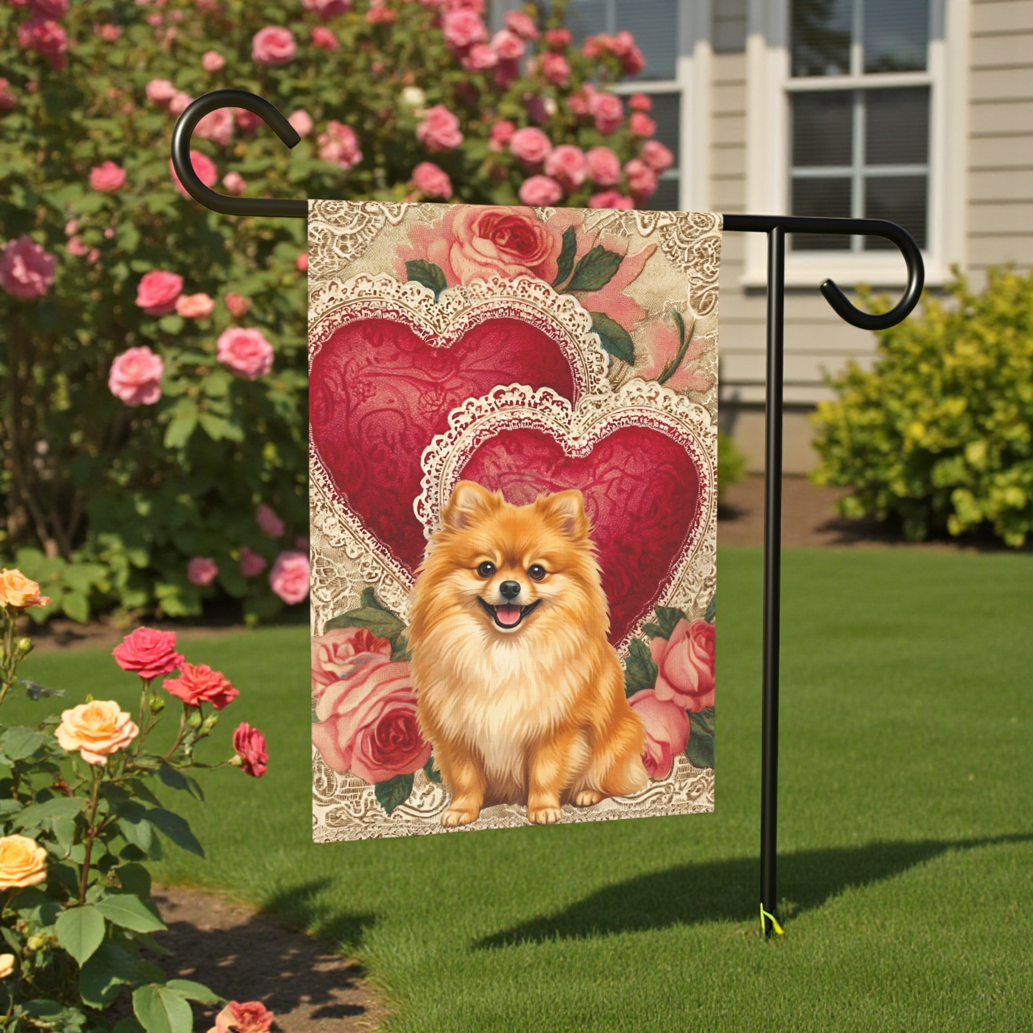 Two Heart Pomeranian Valentine Garden Flag