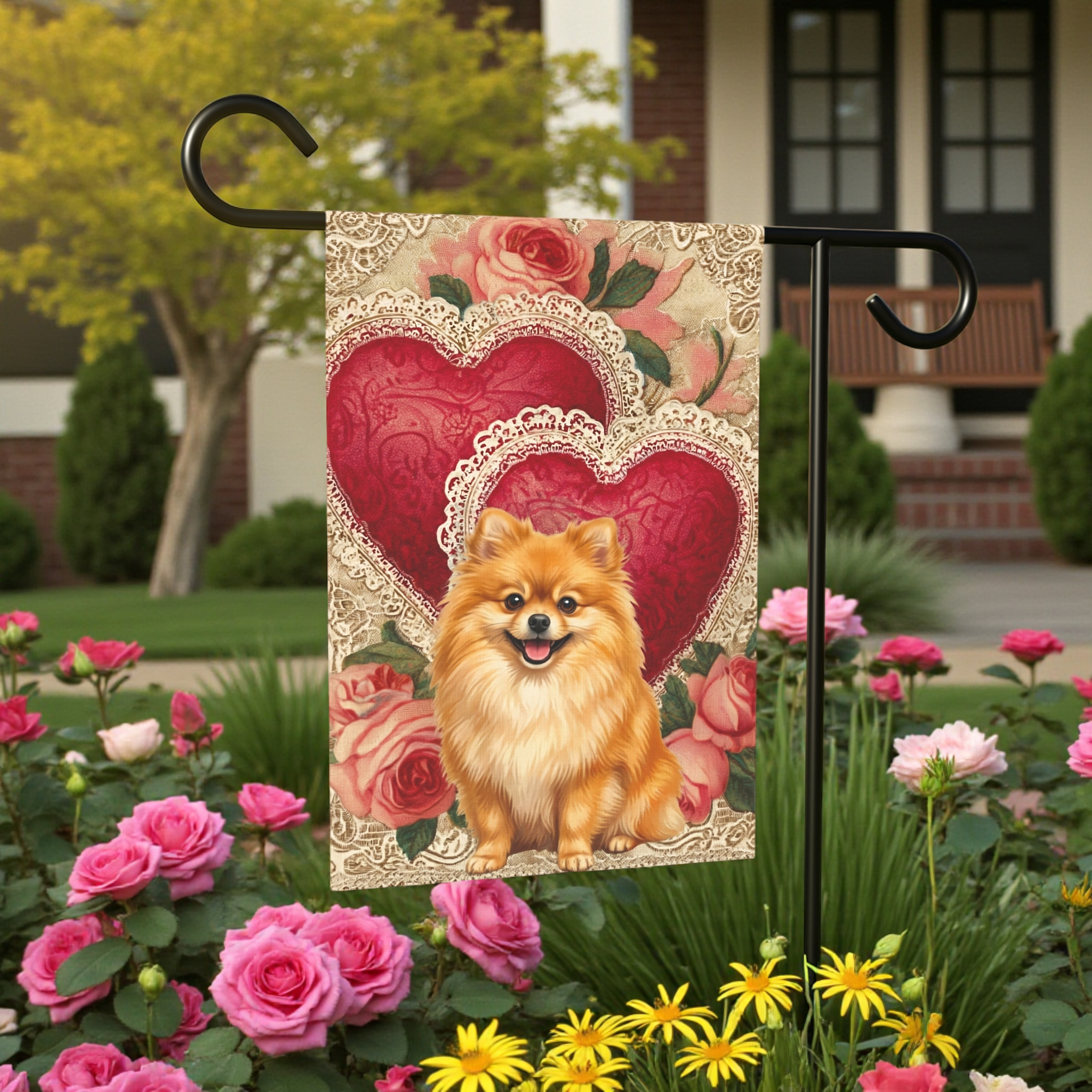 Two Heart Pomeranian Valentine Garden Flag