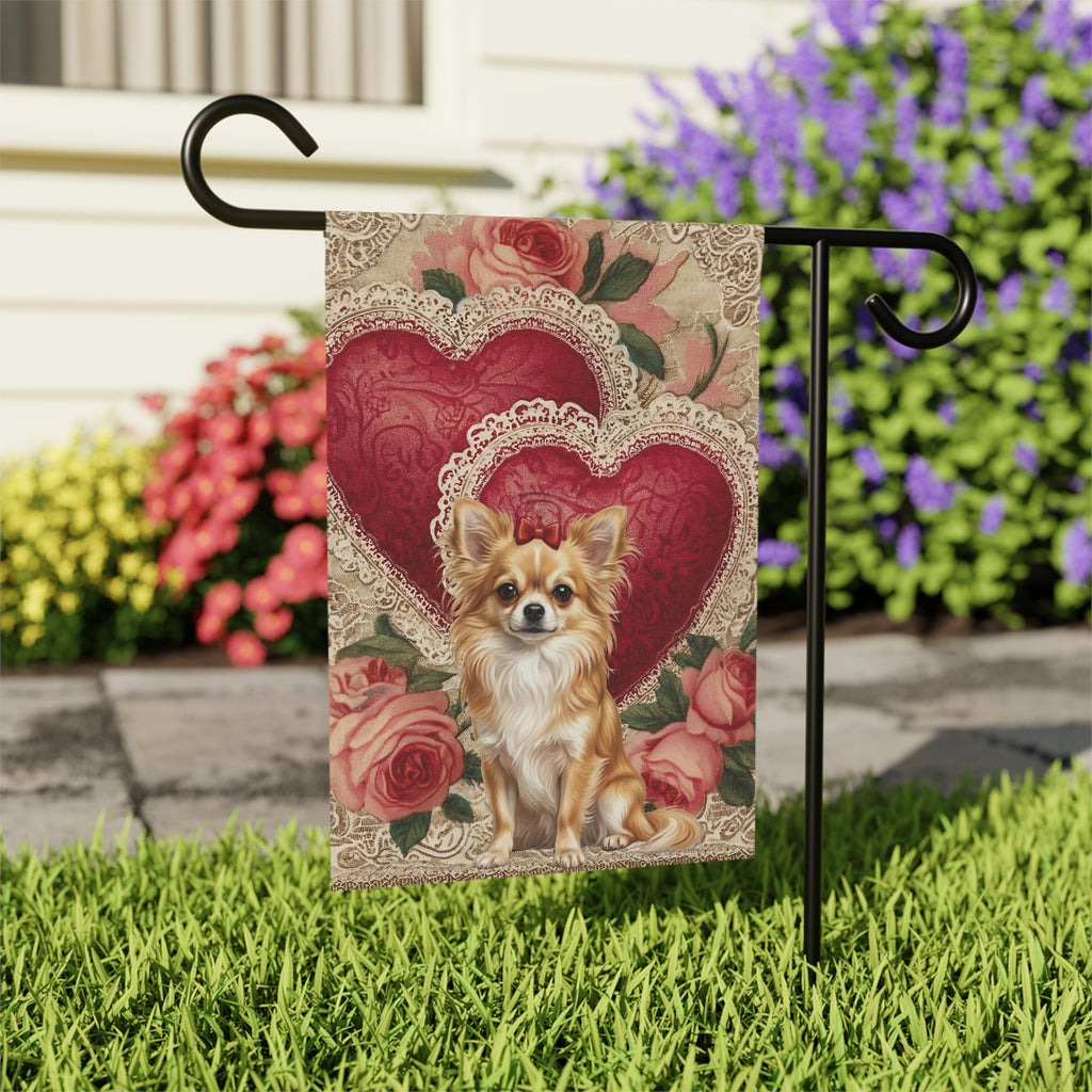 Two Heart Lon Hair Chihuahua Valentine Garden Flag
