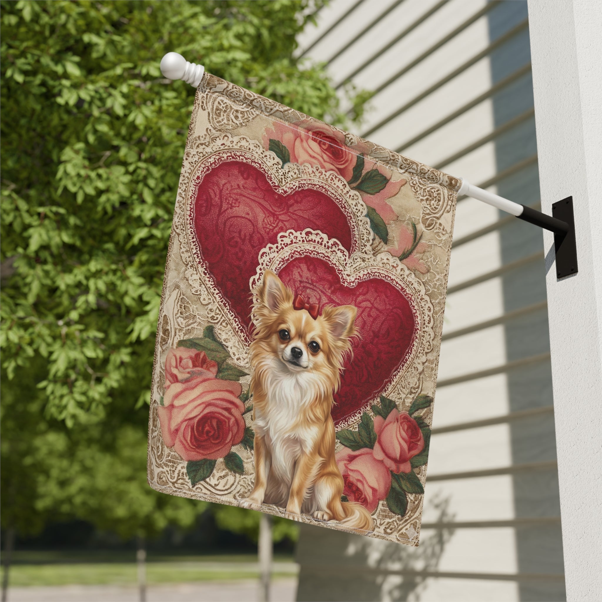 Two Heart Lon Hair Chihuahua Valentine Garden Flag