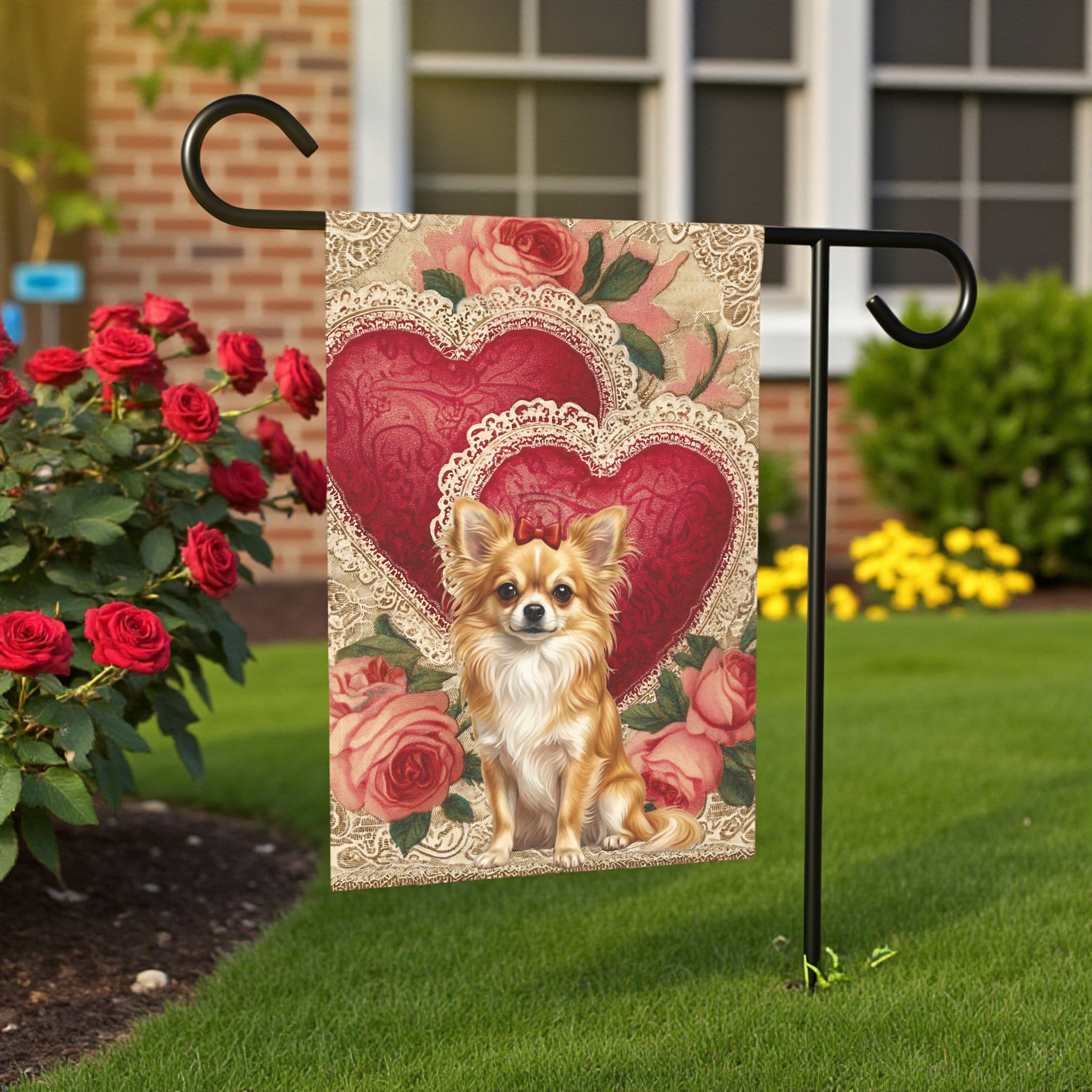 Two Heart Lon Hair Chihuahua Valentine Garden Flag