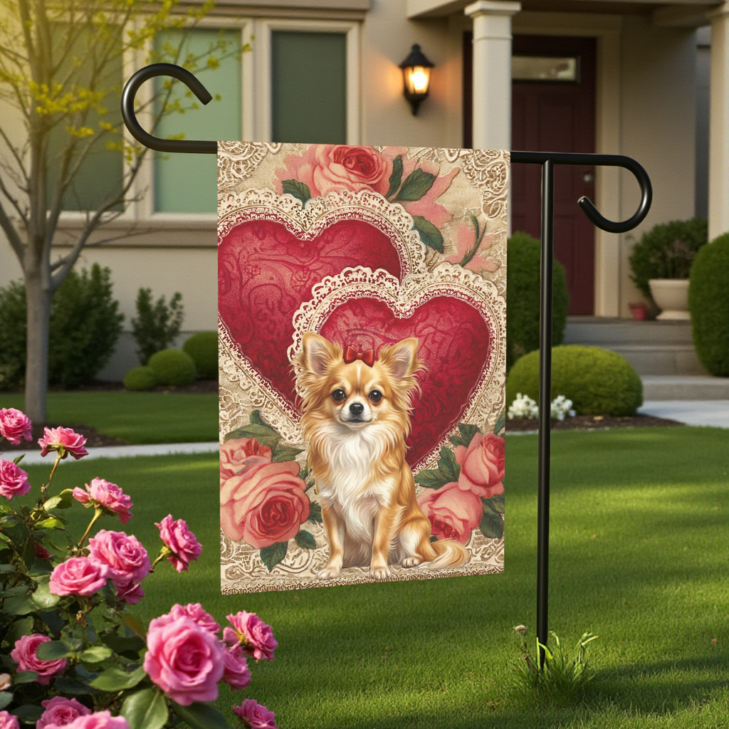 Two Heart Lon Hair Chihuahua Valentine Garden Flag