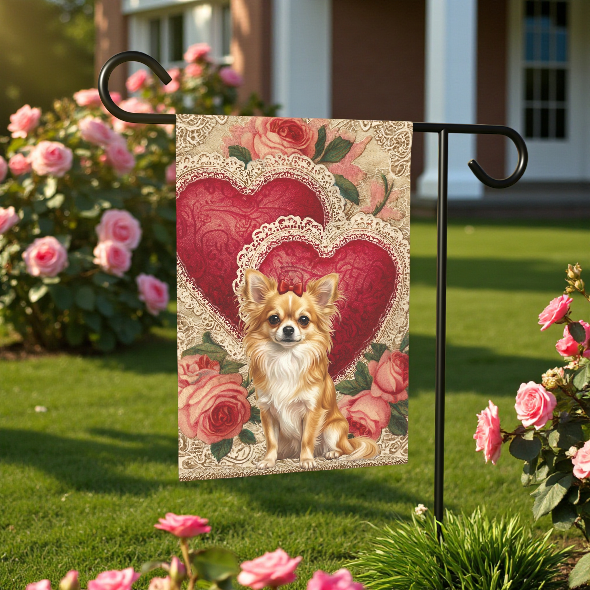 Two Heart Lon Hair Chihuahua Valentine Garden Flag