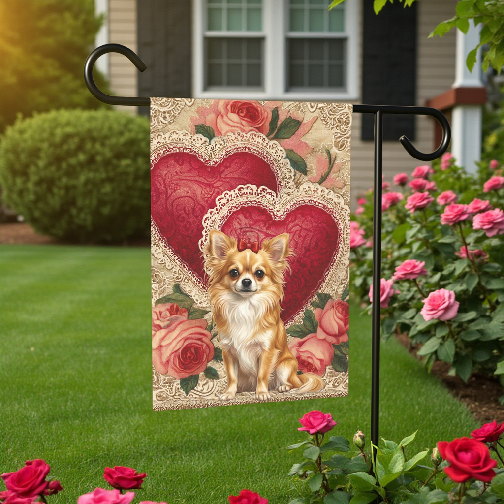 Two Heart Lon Hair Chihuahua Valentine Garden Flag