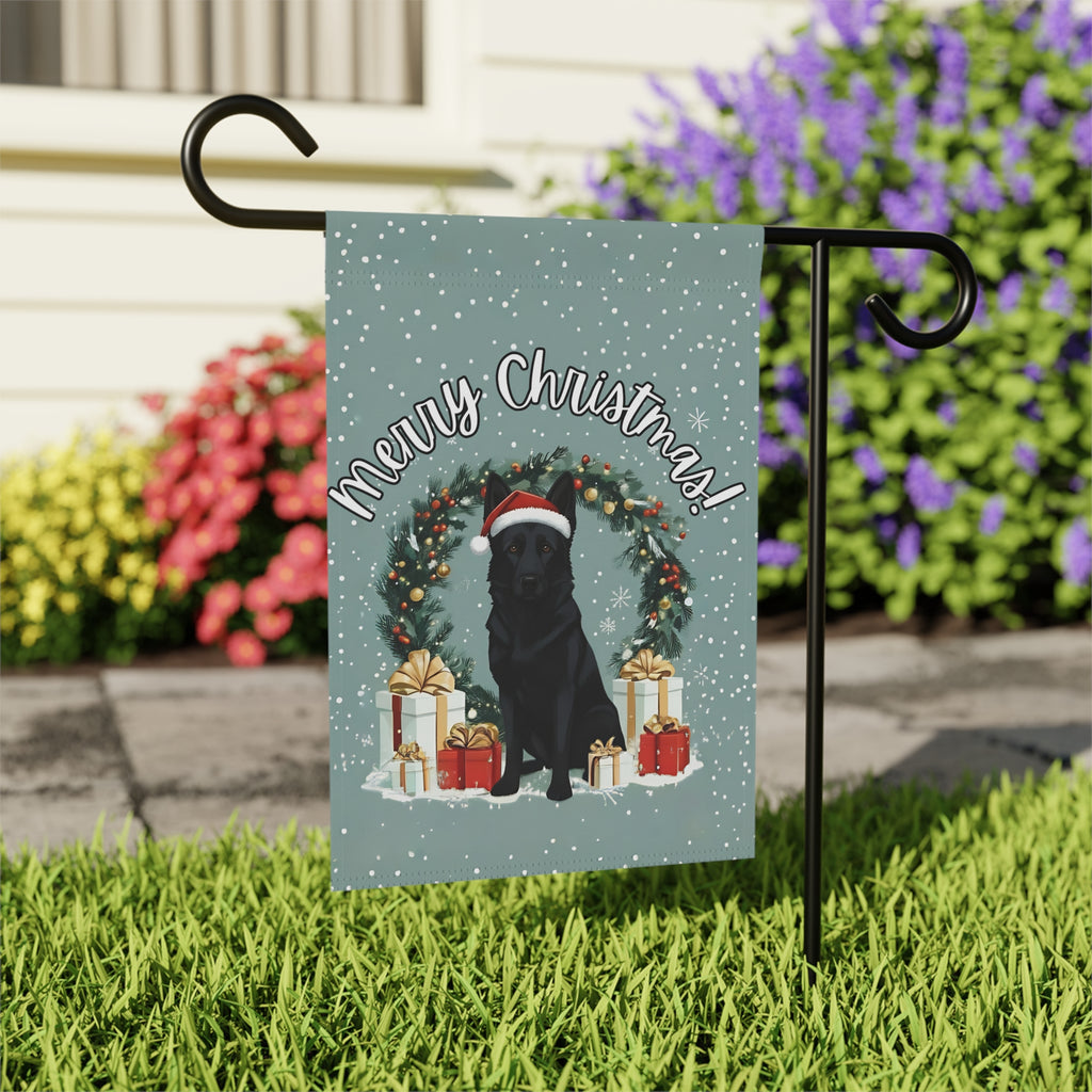 Merry Christmas Black German Shepherd Garden Flag - outdoor display - Dragonfire Gardens