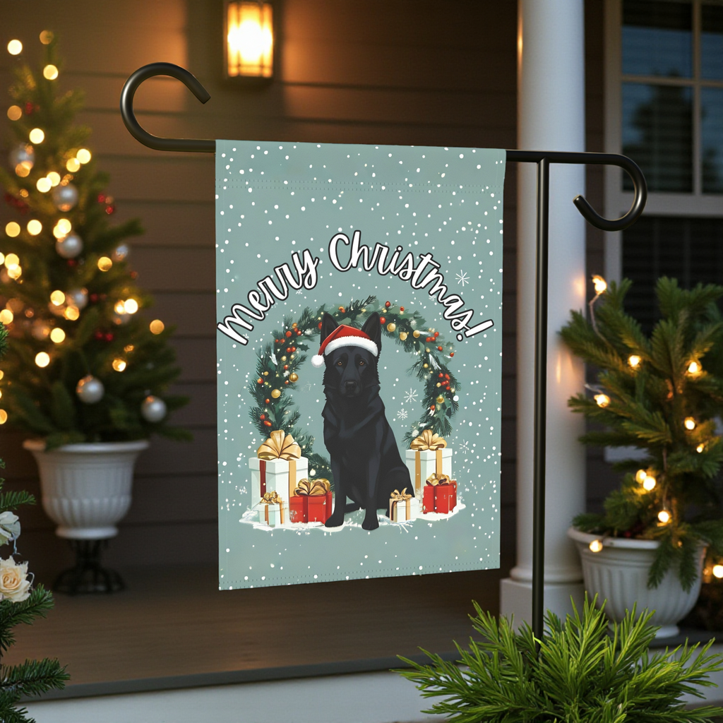 Merry Christmas Black German Shepherd Garden Flag - front view - Dragonfire Gardens