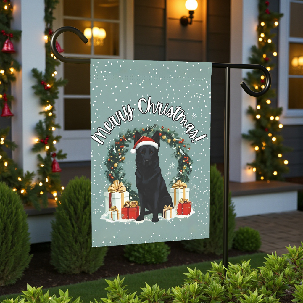 Merry Christmas Black German Shepherd Garden Flag - size comparison - Dragonfire Gardens