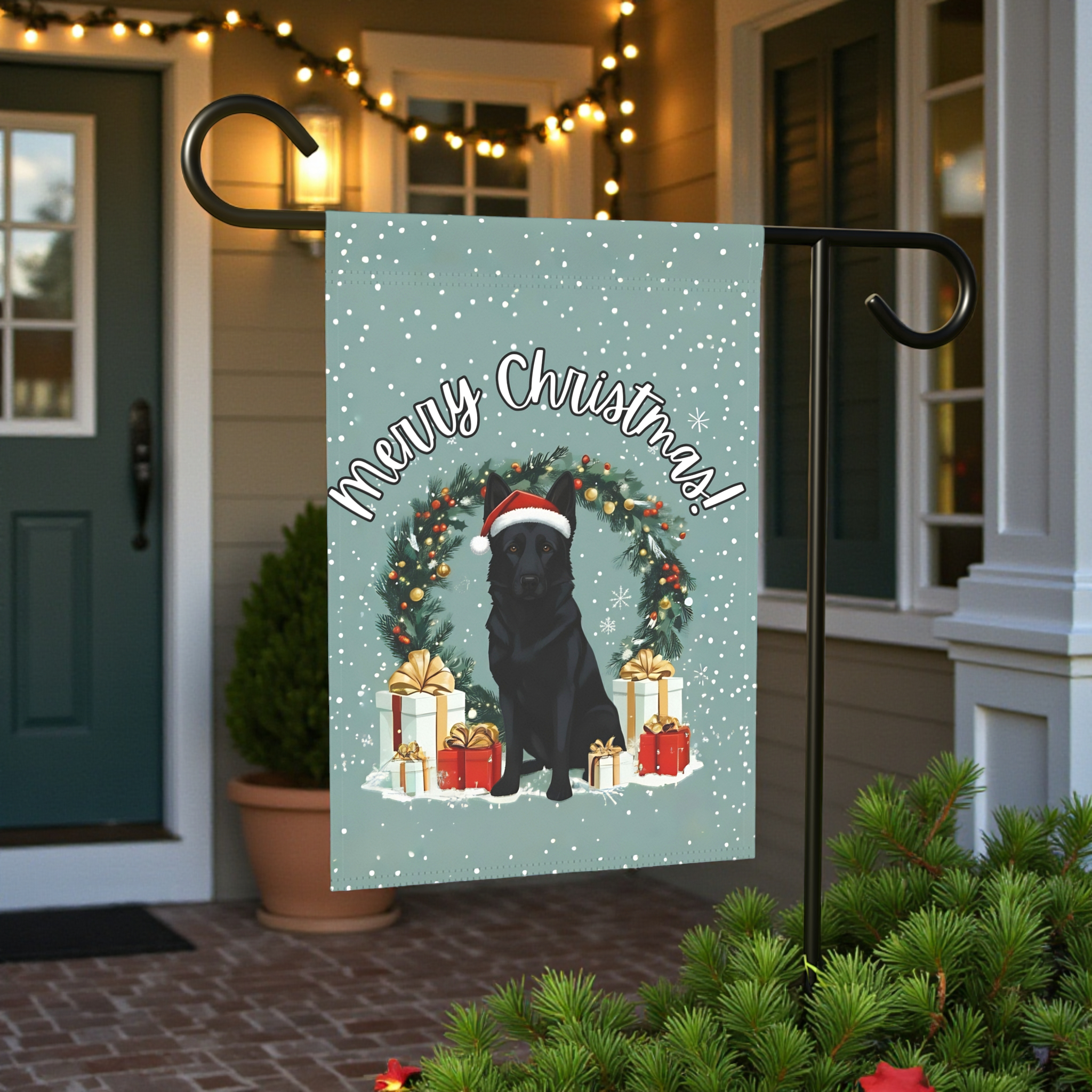 Merry Christmas Black German Shepherd Garden Flag - lifestyle display - Dragonfire Gardens