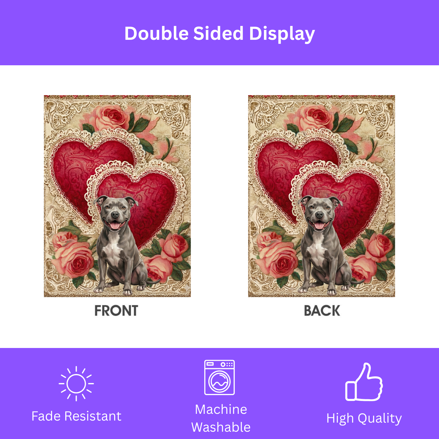 Two Heart Gray Pit Bull Terrier Valentine Garden Flag