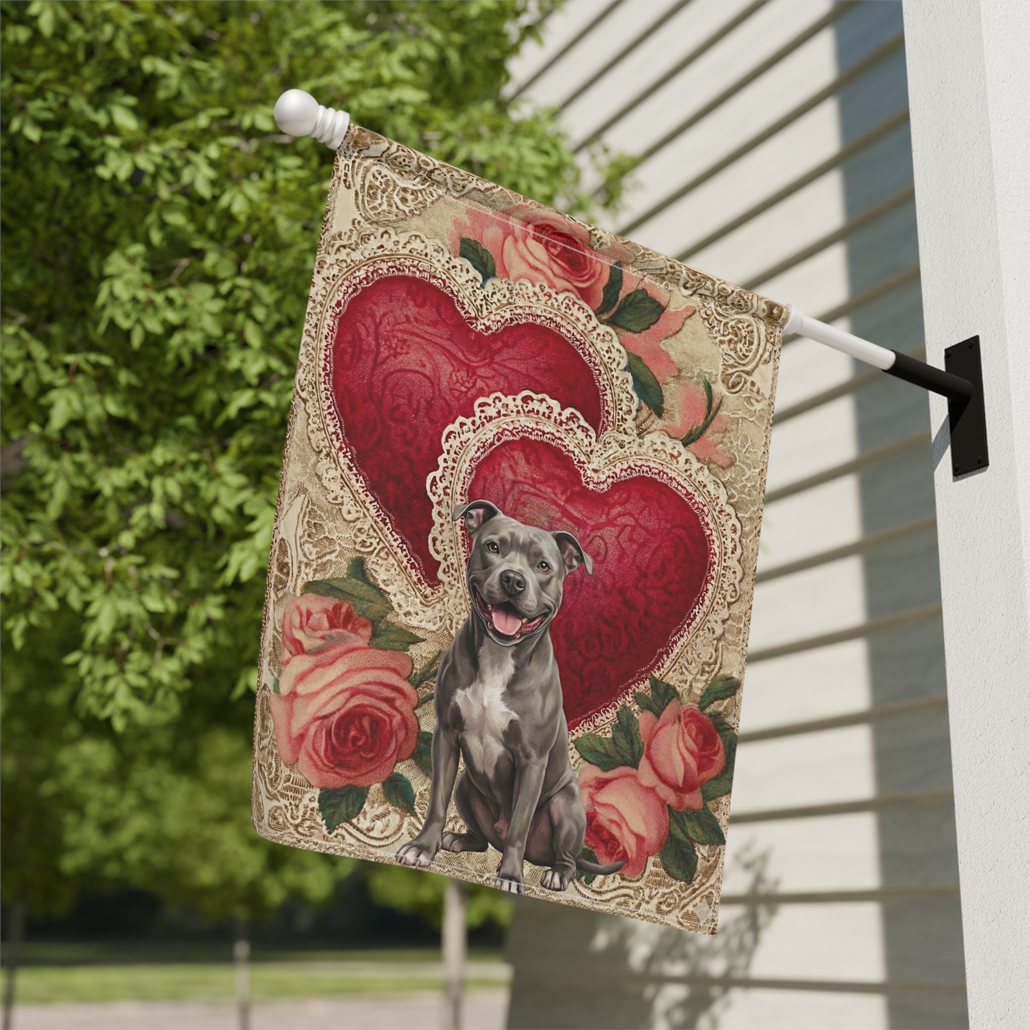Two Heart Gray Pit Bull Terrier Valentine Garden Flag