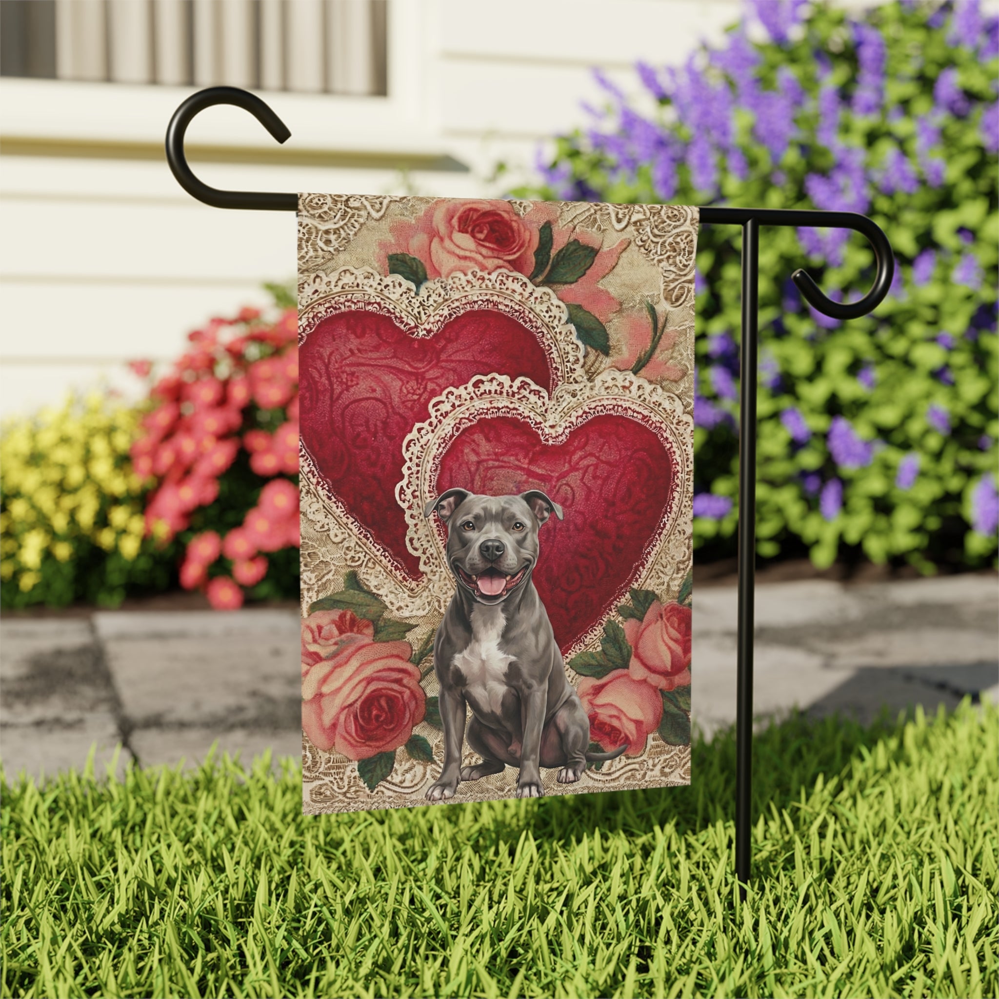 Two Heart Gray Pit Bull Terrier Valentine Garden Flag