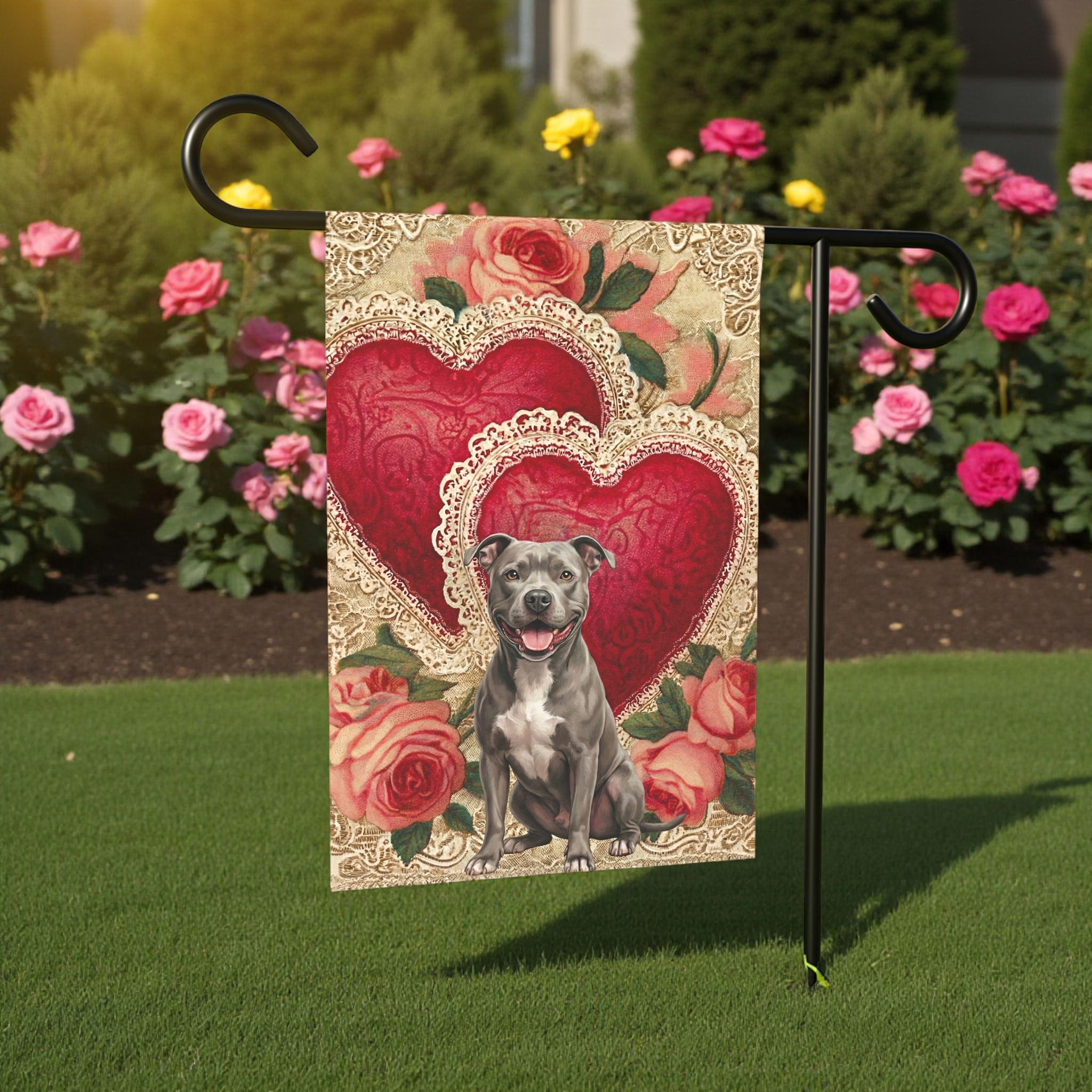 Two Heart Gray Pit Bull Terrier Valentine Garden Flag