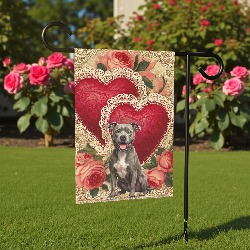 Two Heart Gray Pit Bull Terrier Valentine Garden Flag