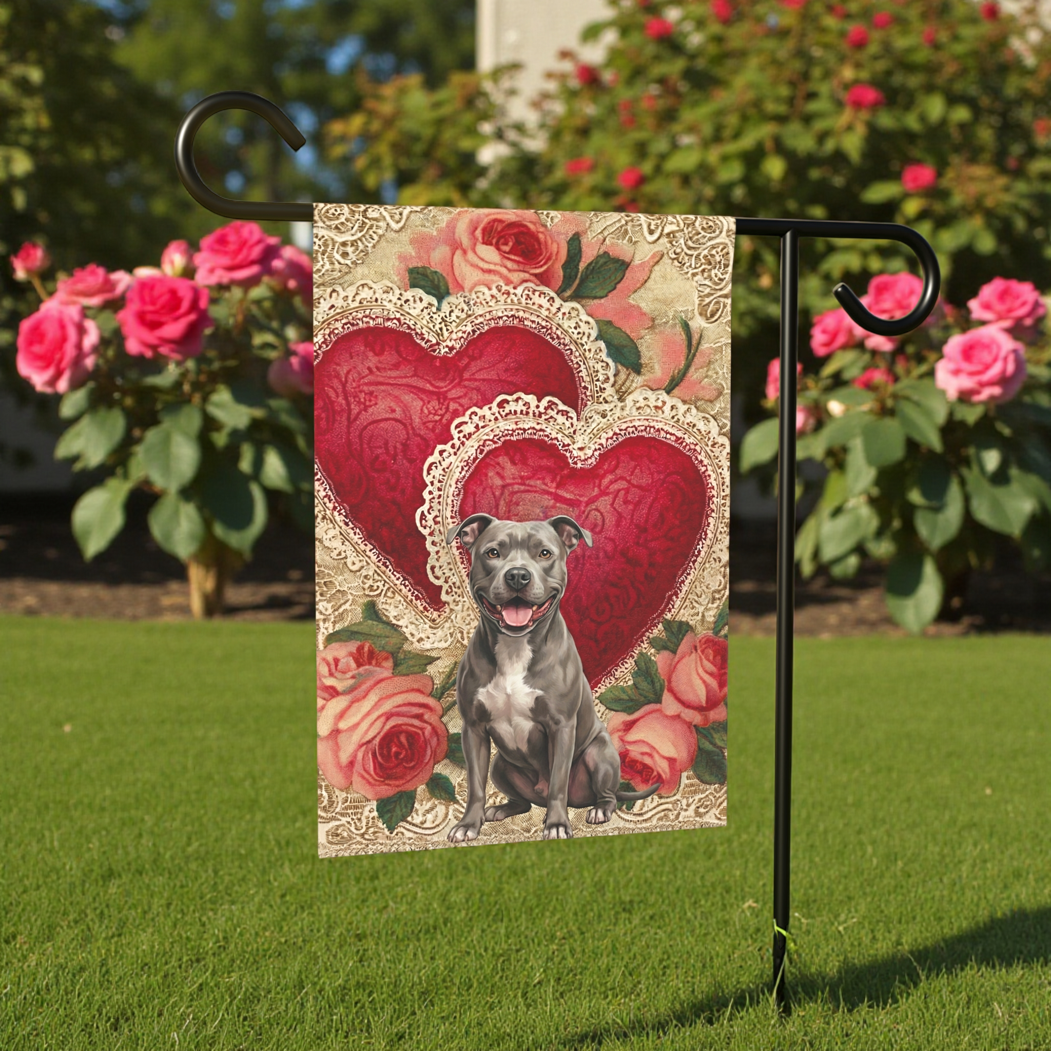 Two Heart Gray Pit Bull Terrier Valentine Garden Flag
