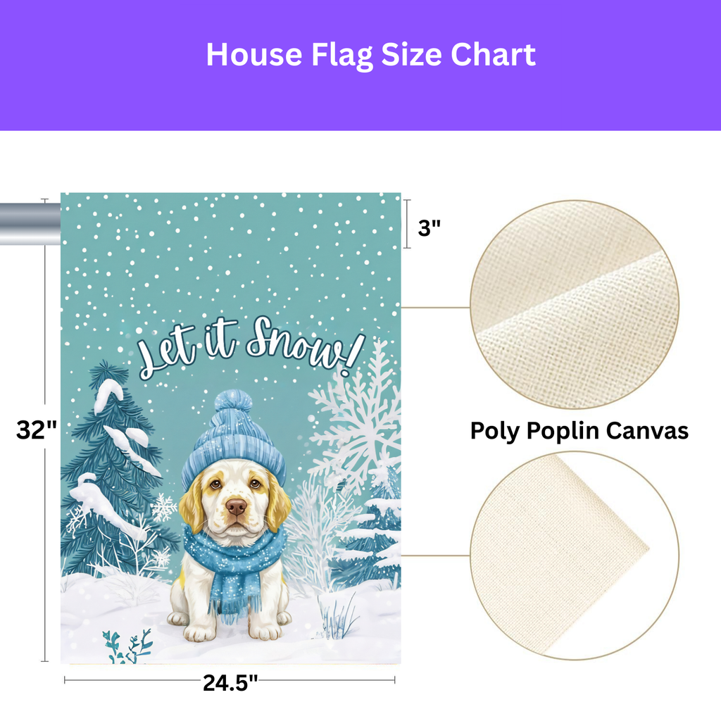 Let It Snow Clumber Spaniel Winter Garden Flag - lifestyle display - Dragonfire Gardens