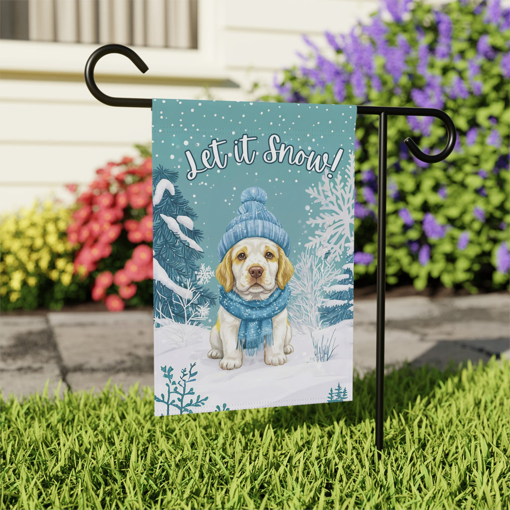 Let It Snow Clumber Spaniel Winter Garden Flag - close-up detail - Dragonfire Gardens