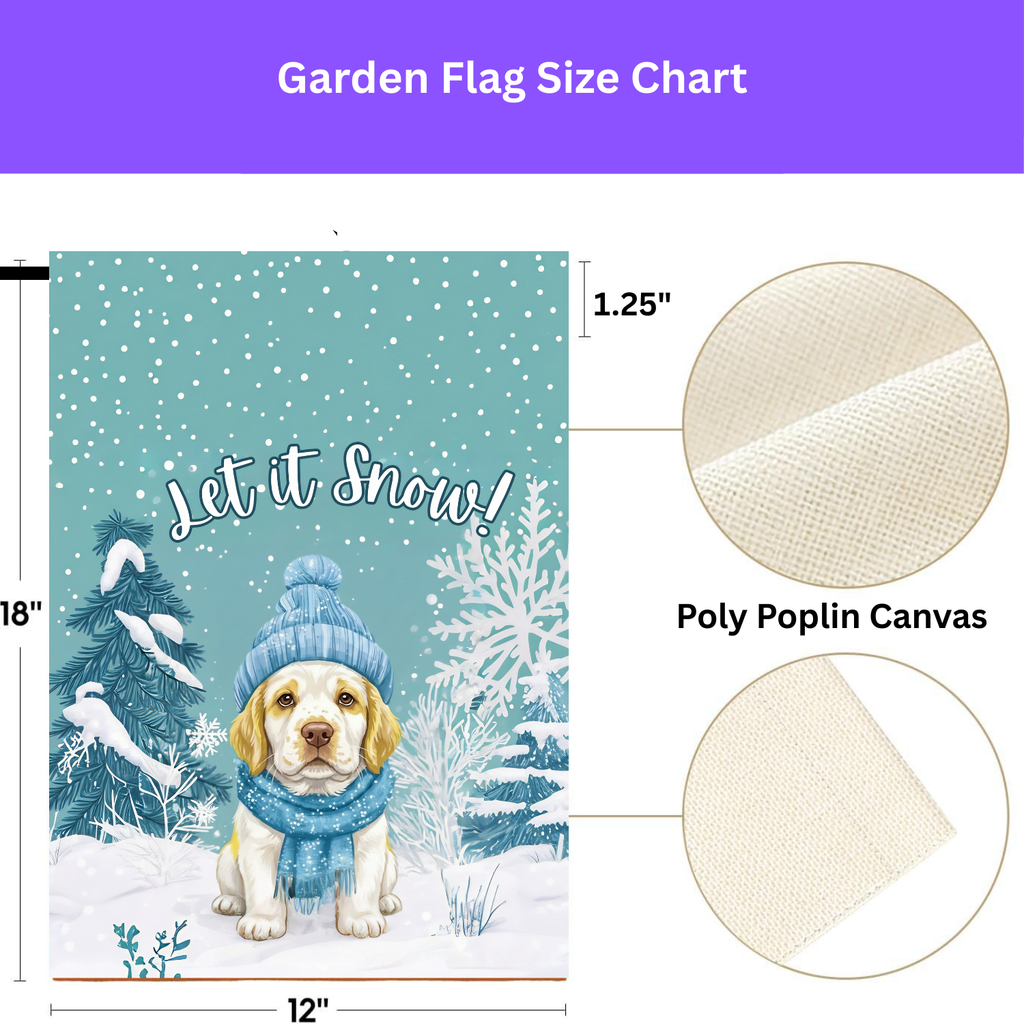 Let It Snow Clumber Spaniel Winter Garden Flag - double-sided design - Dragonfire Gardens