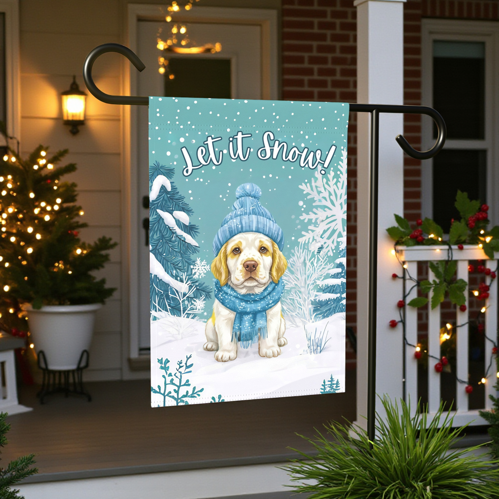 Let It Snow Clumber Spaniel Winter Garden Flag - front view - Dragonfire Gardens