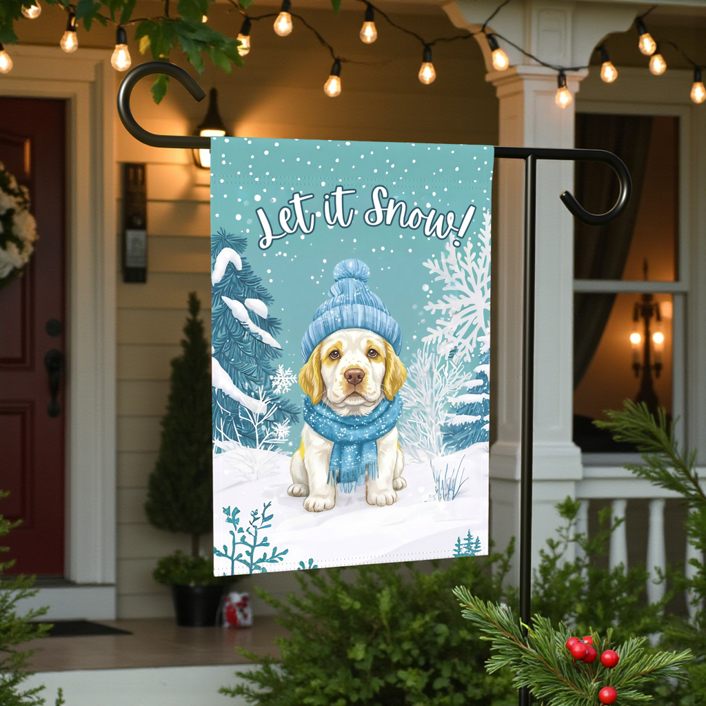 Let It Snow Clumber Spaniel Winter Garden Flag - banner view - Dragonfire Gardens