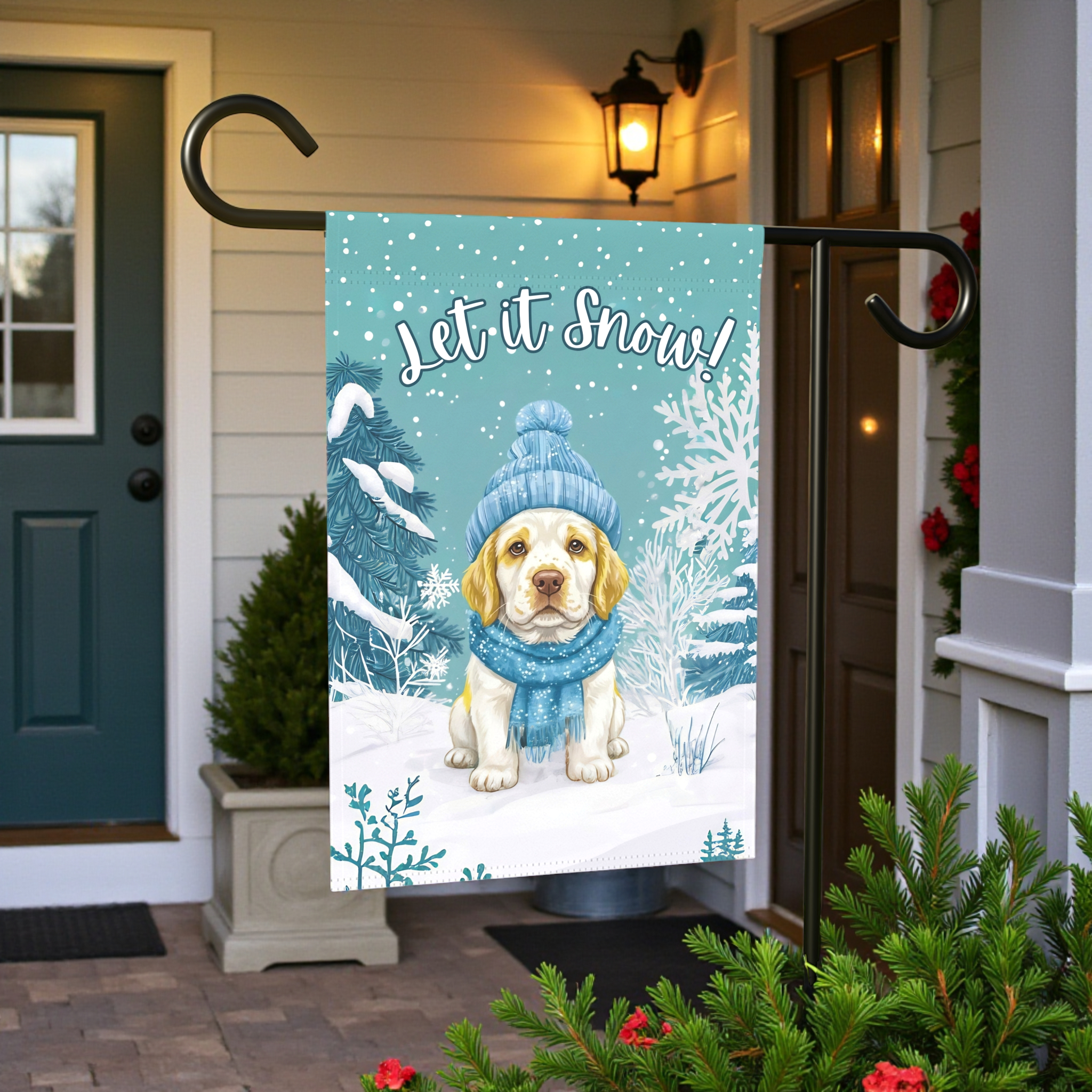 Let It Snow Clumber Spaniel Winter Garden Flag - product detail - Dragonfire Gardens