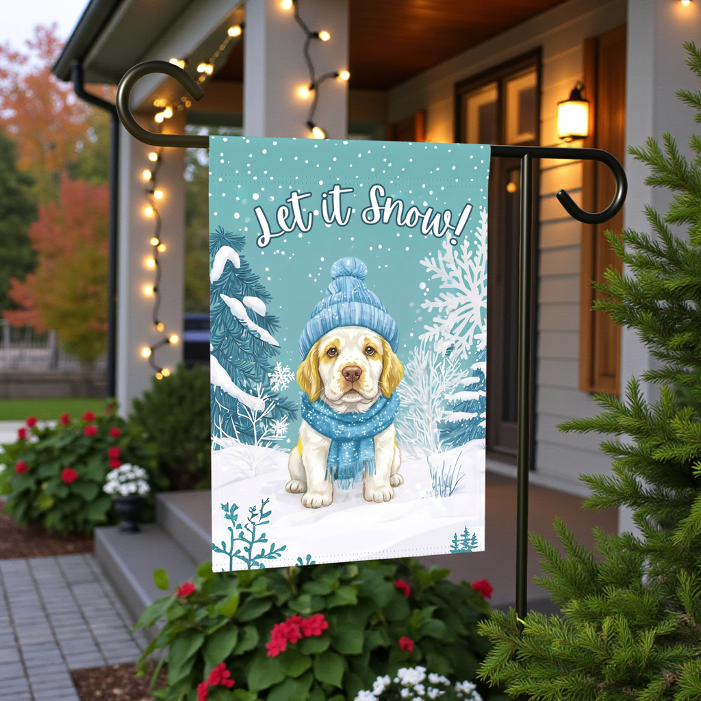 Let It Snow Clumber Spaniel Winter Garden Flag - outdoor display - Dragonfire Gardens