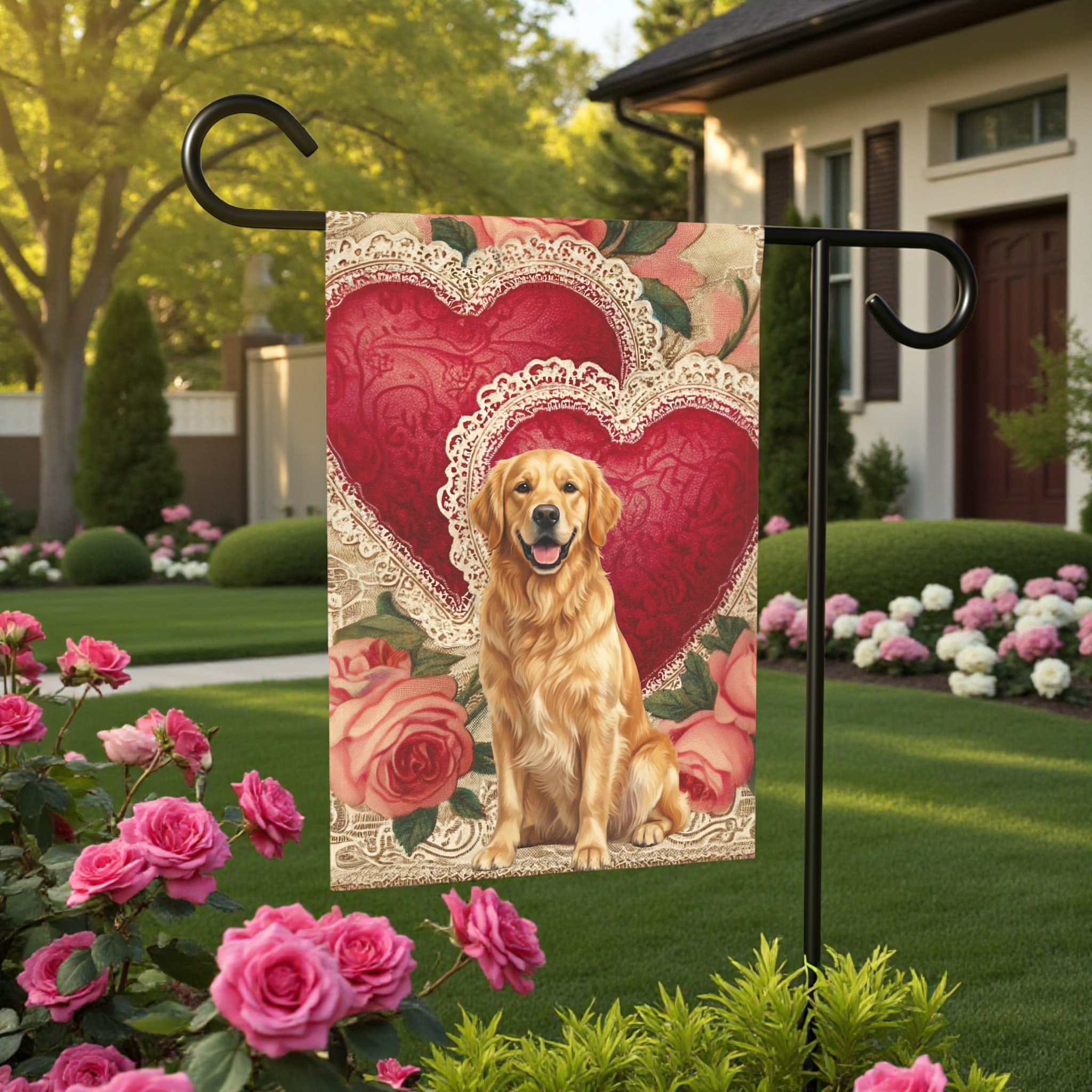Two Heart Golden Retriever Valentine Garden Flag