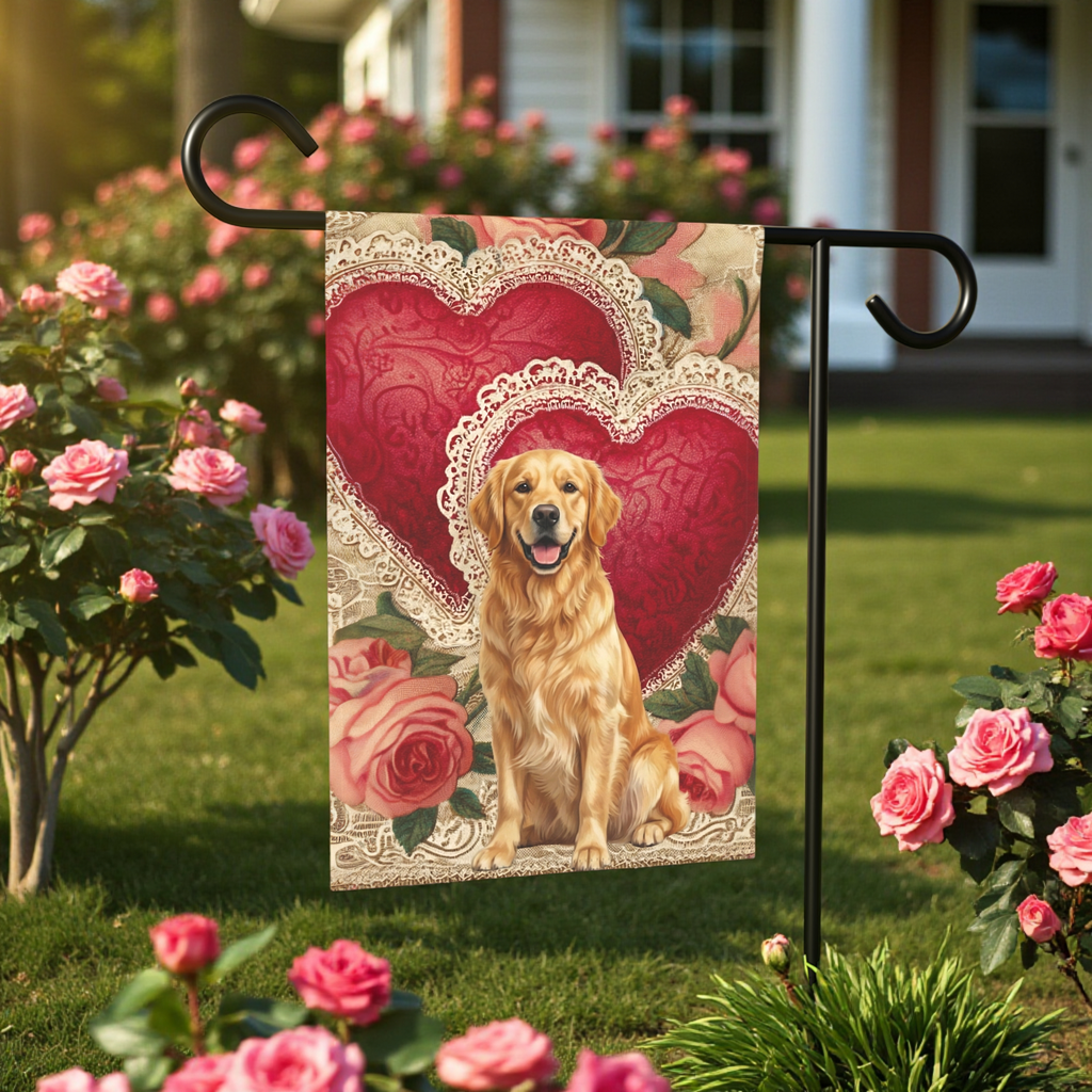 Two Heart Golden Retriever Valentine Garden Flag