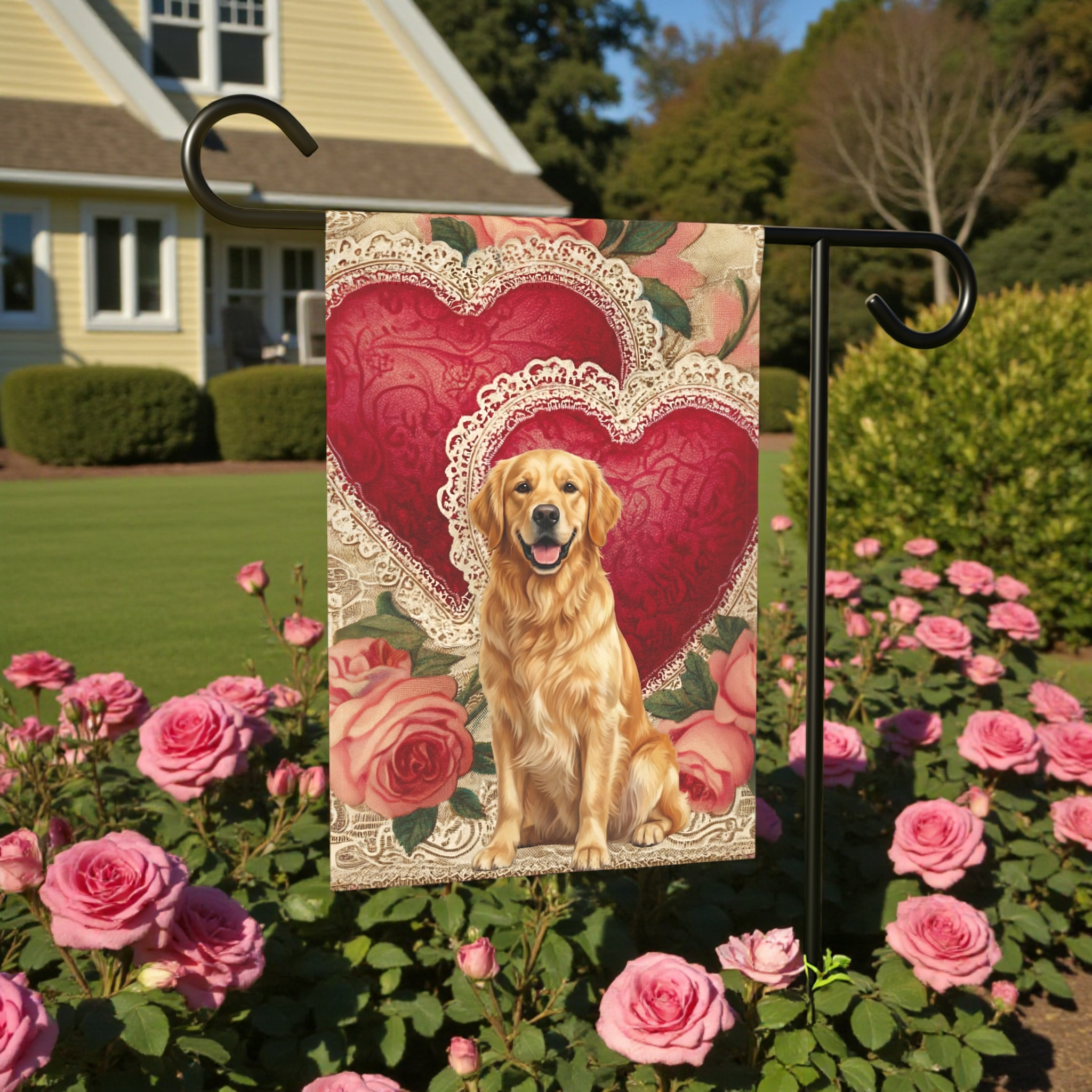 Two Heart Golden Retriever Valentine Garden Flag
