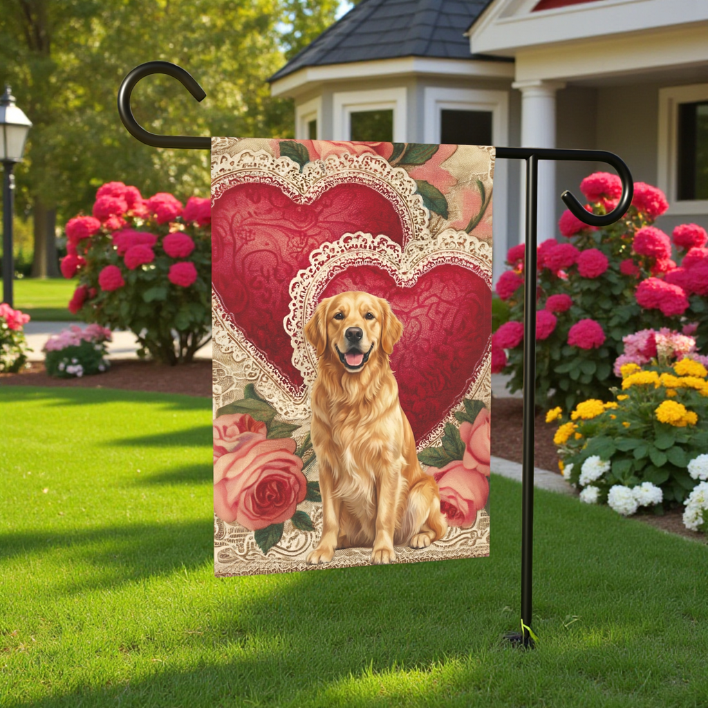 Two Heart Golden Retriever Valentine Garden Flag
