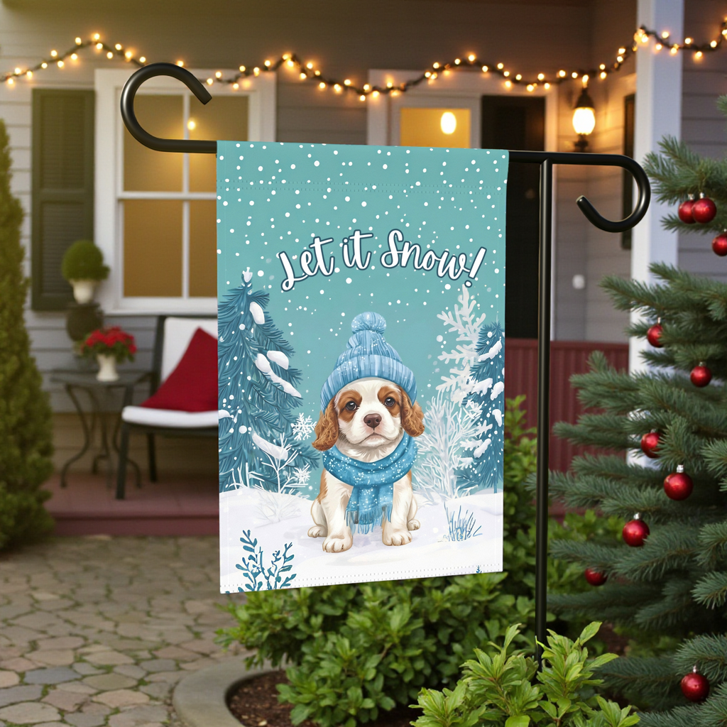 Let It Snow Spaniel Puppy Garden Flag - front view - Dragonfire Gardens