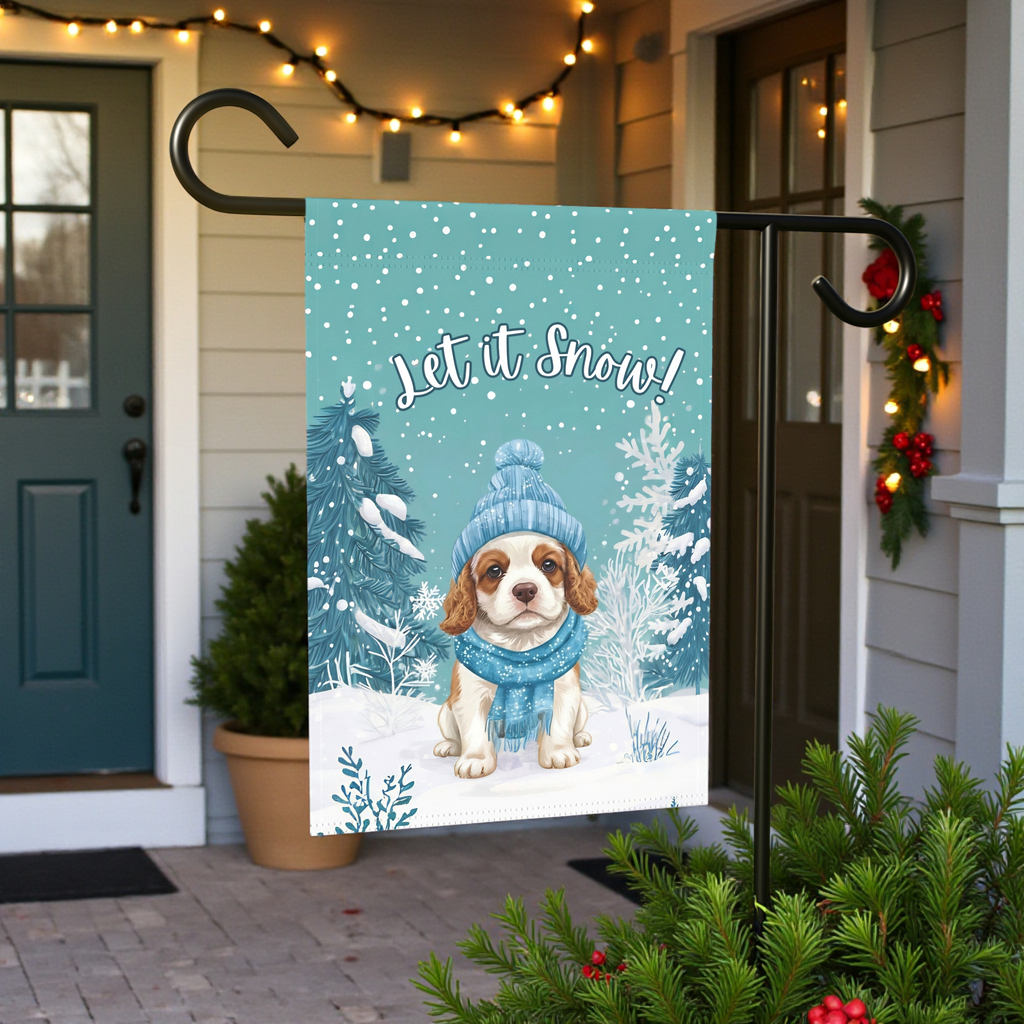 Let It Snow Spaniel Puppy Garden Flag - size comparison - Dragonfire Gardens