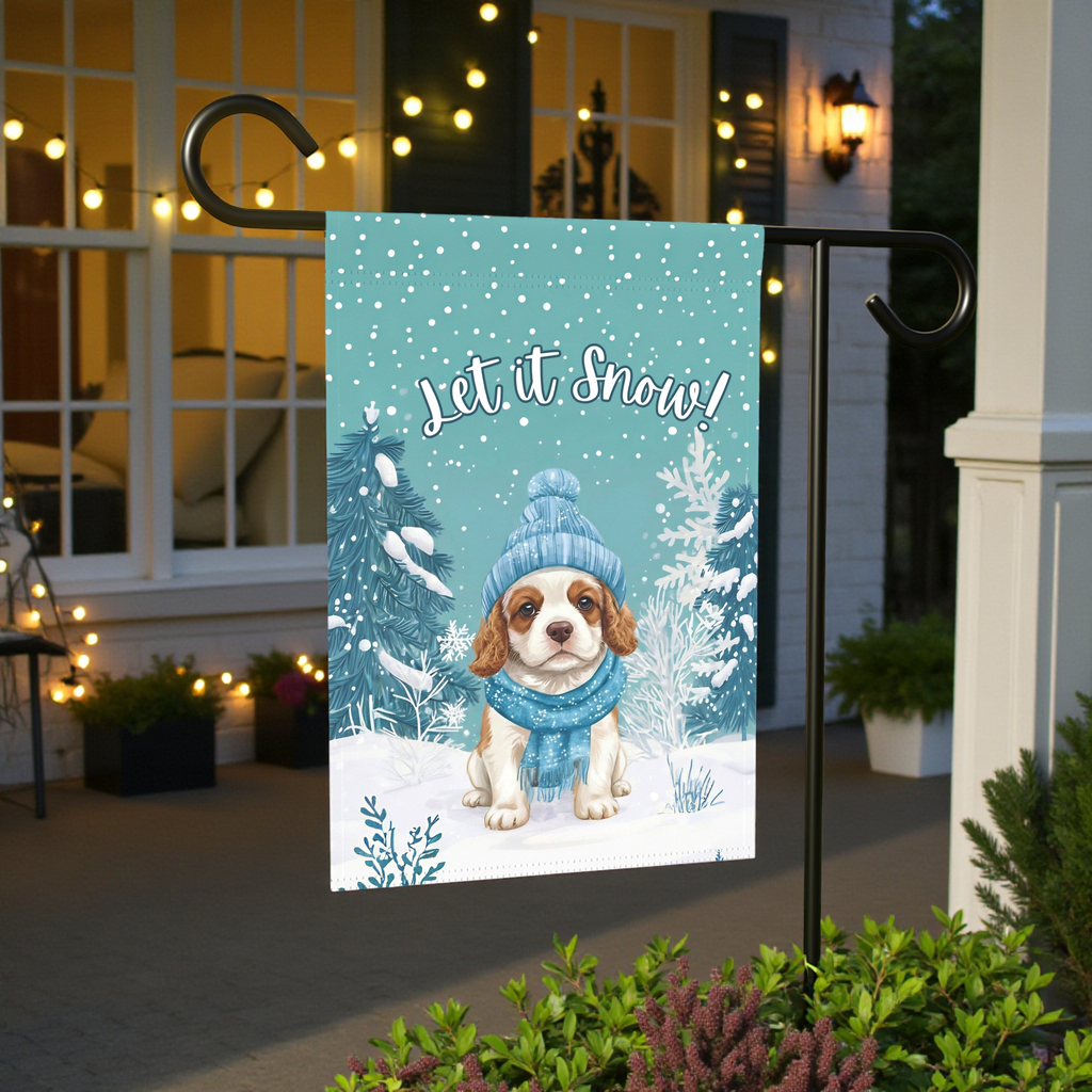 Let It Snow Spaniel Puppy Garden Flag - lifestyle display - Dragonfire Gardens