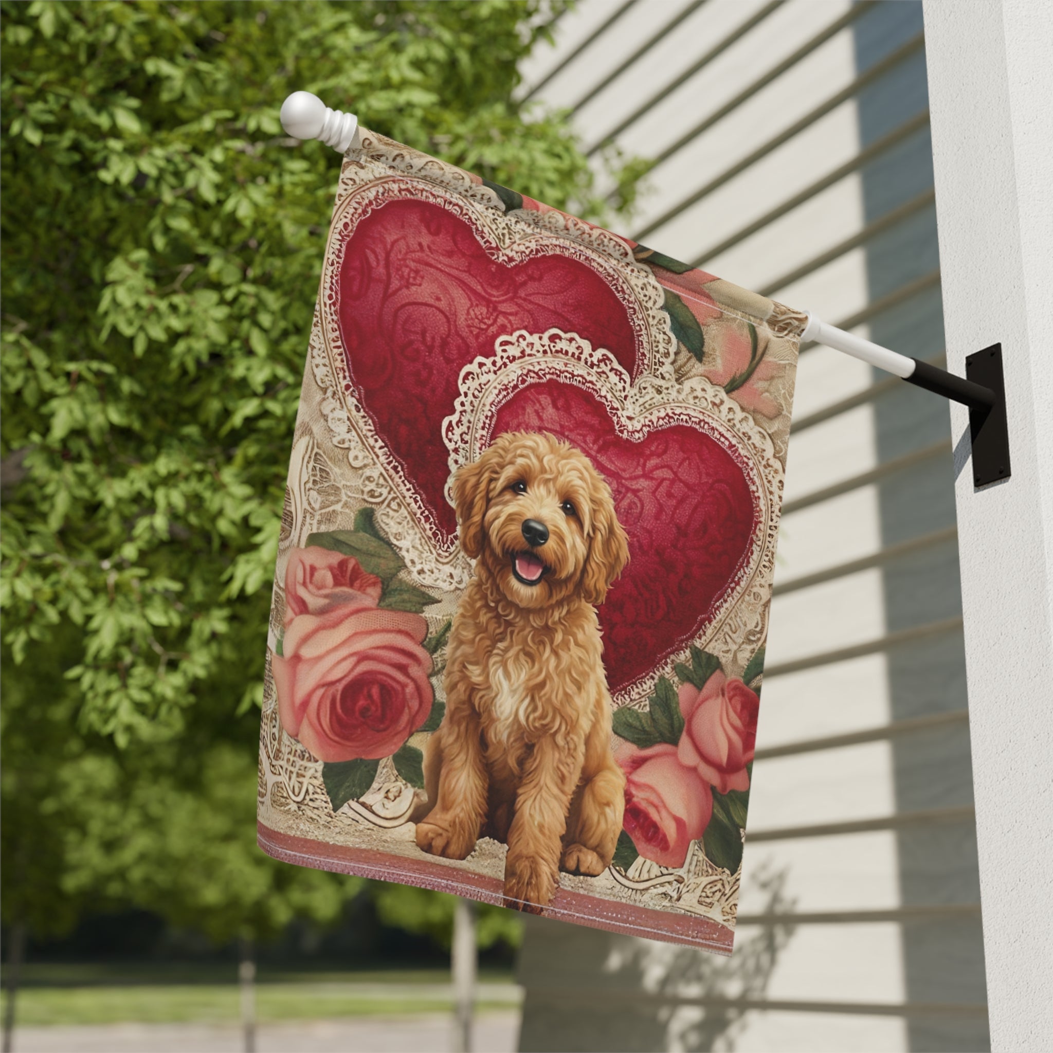 Two Heart Golden Noodle Valentine Garden Flag