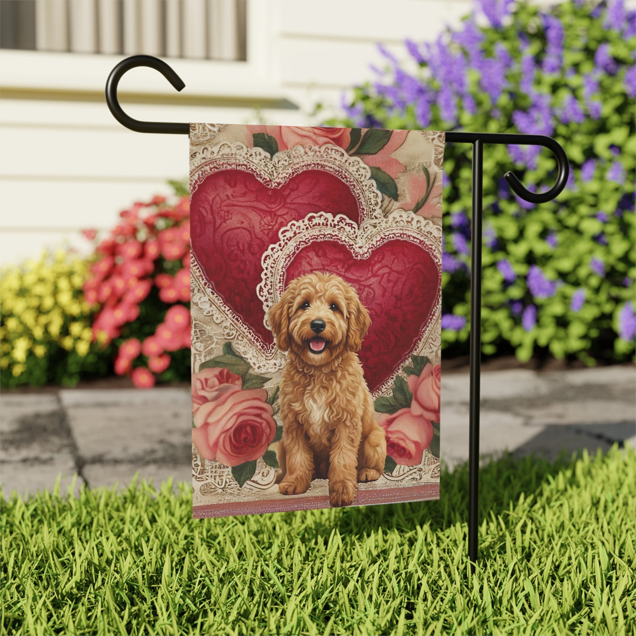 Two Heart Golden Noodle Valentine Garden Flag