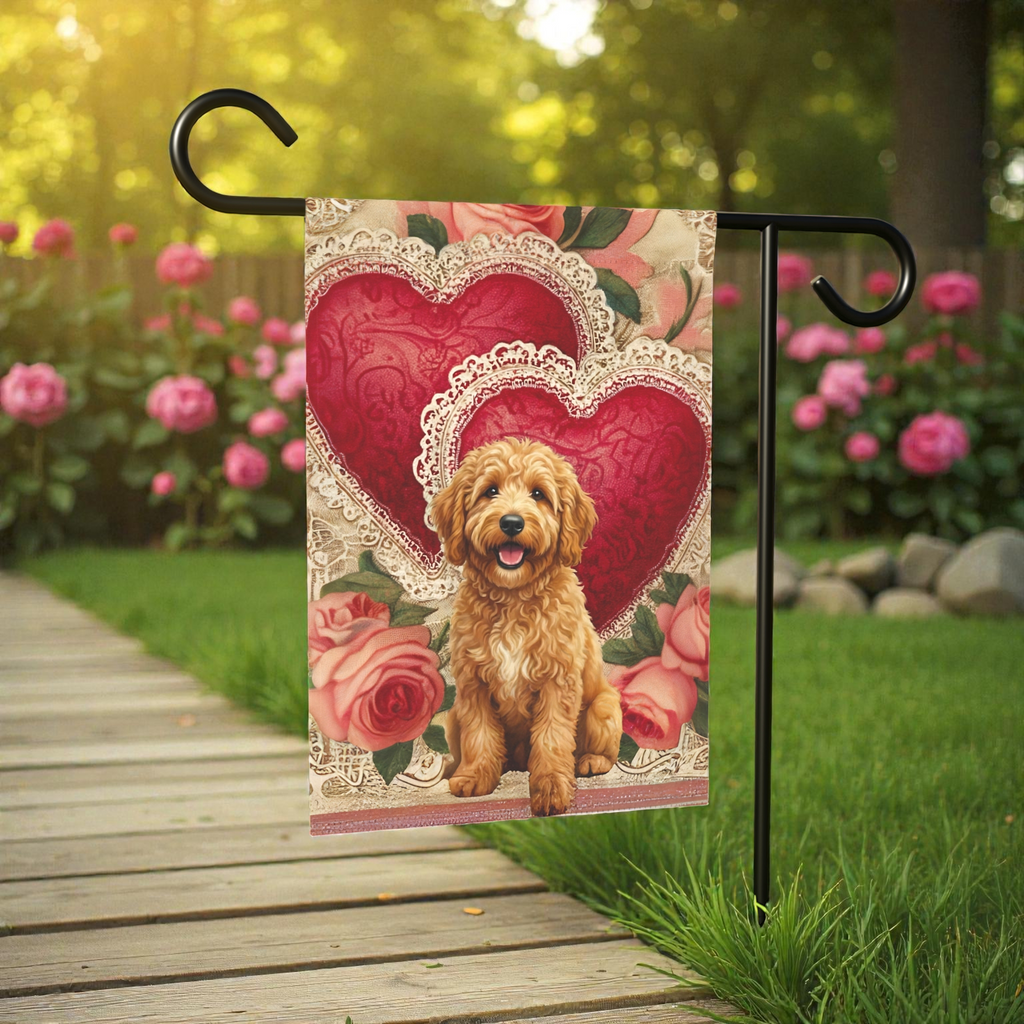 Two Heart Golden Noodle Valentine Garden Flag