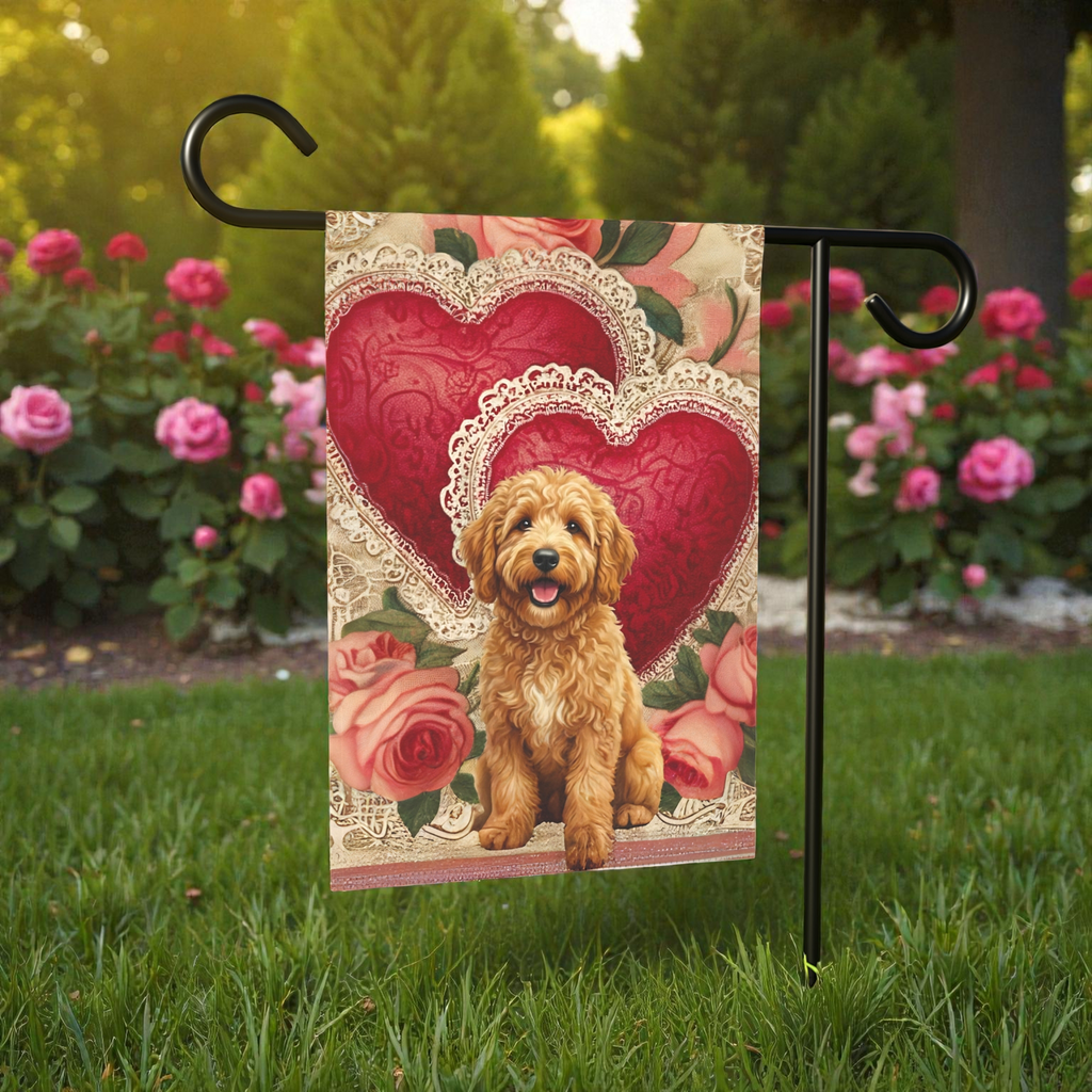 Two Heart Golden Noodle Valentine Garden Flag
