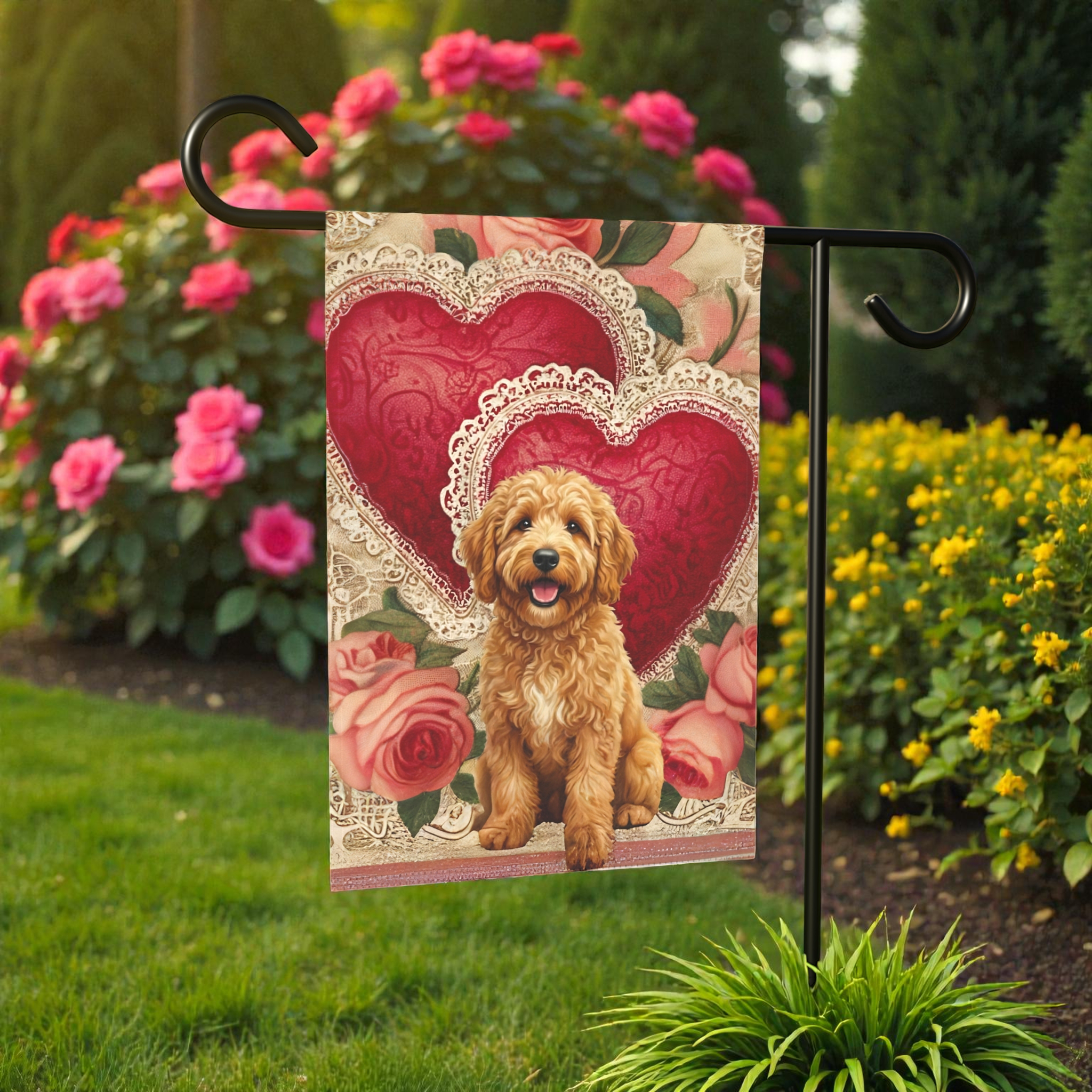 Two Heart Golden Noodle Valentine Garden Flag