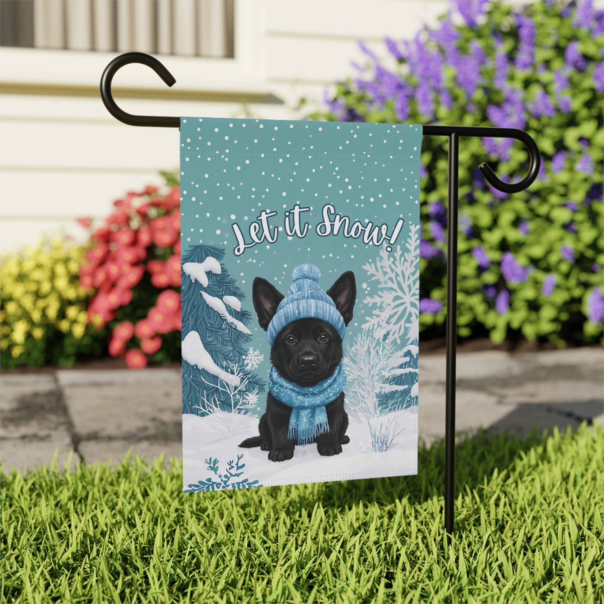 Let It Snow Black German Shepherd Puppy Garden Flag