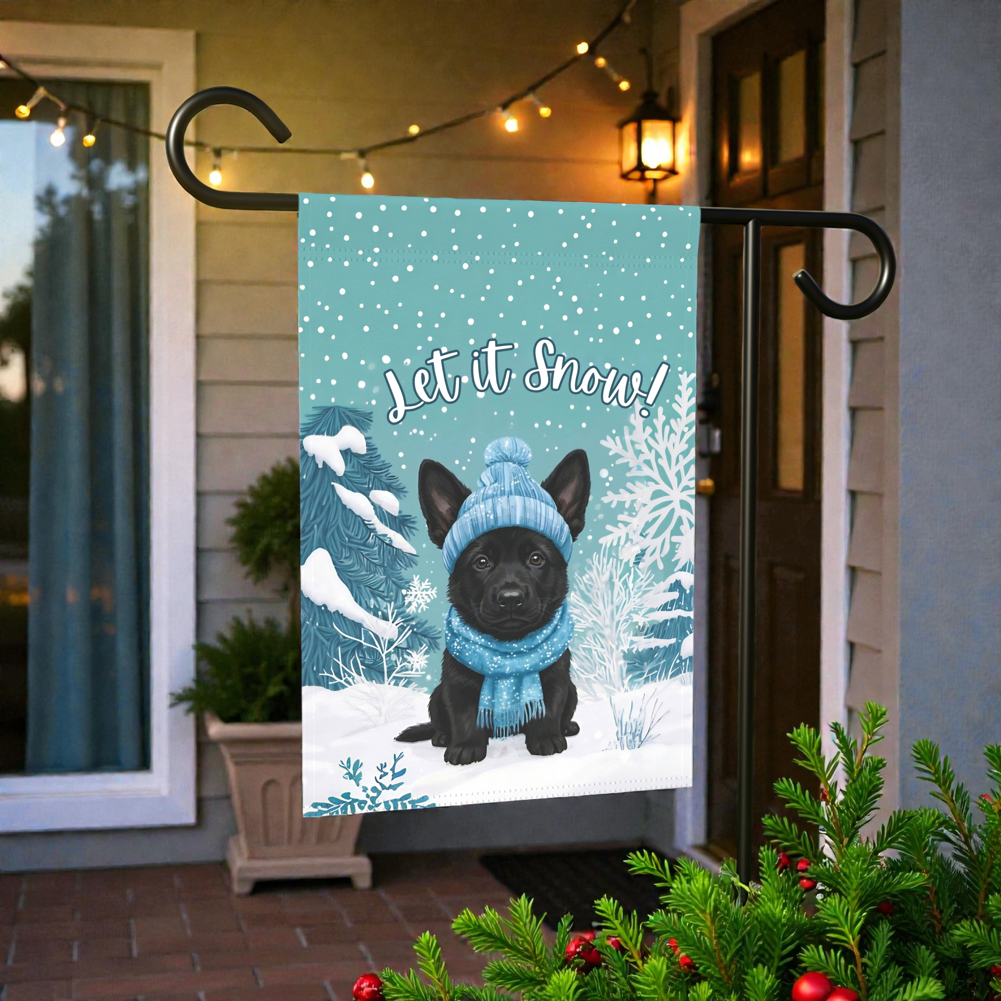 Let It Snow Black German Shepherd Puppy Garden Flag