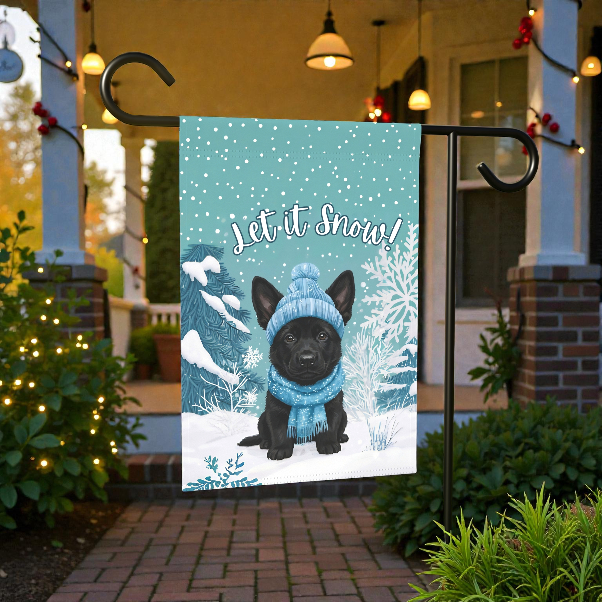Let It Snow Black German Shepherd Puppy Garden Flag