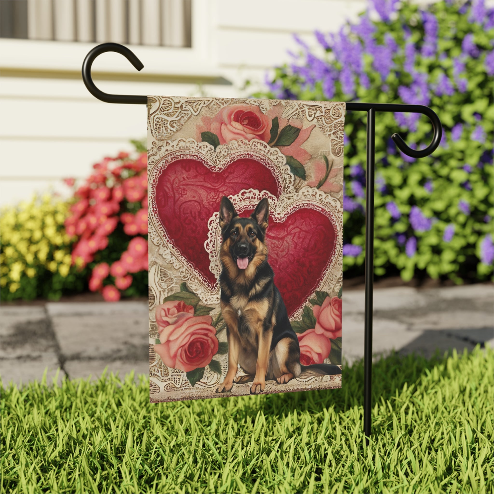 Two Heart German Shepherd Valentine Garden Flag