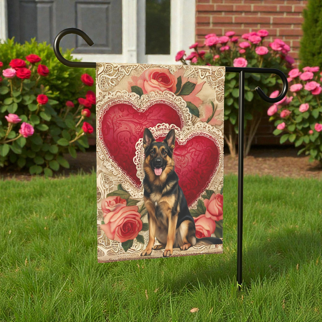 Two Heart German Shepherd Valentine Garden Flag