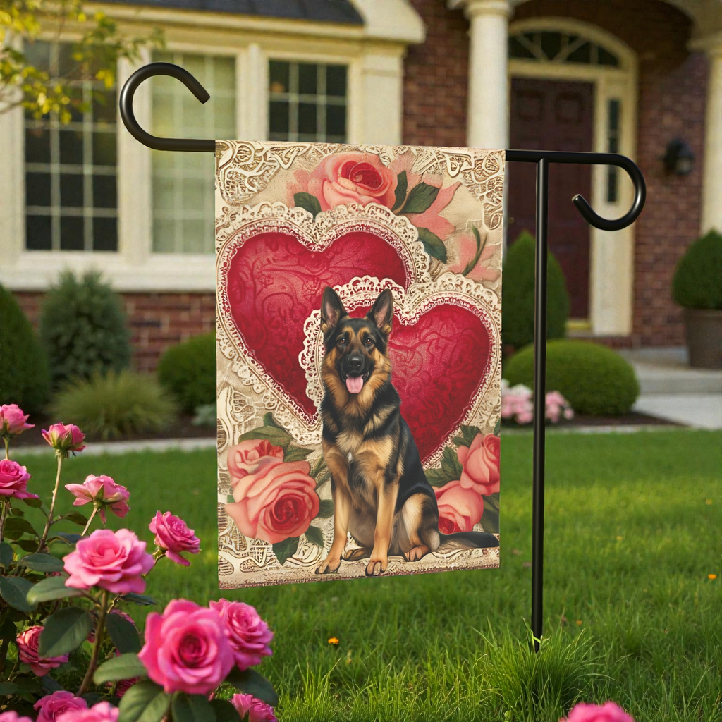 Two Heart German Shepherd Valentine Garden Flag