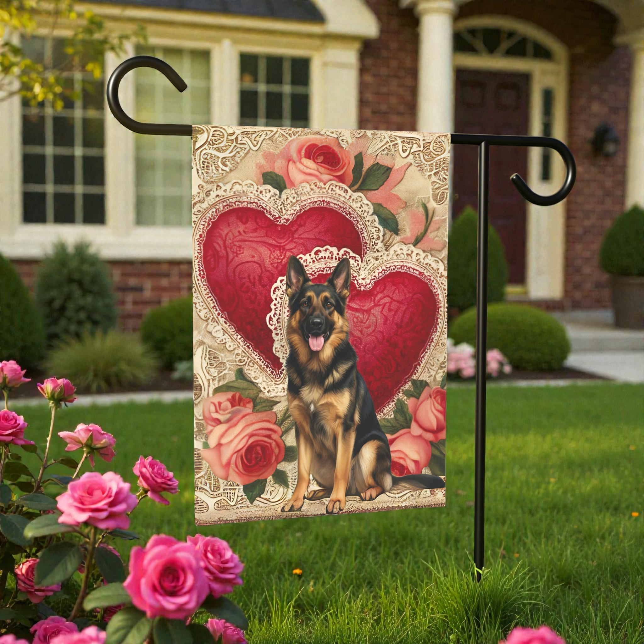 Two Heart German Shepherd Valentine Garden Flag