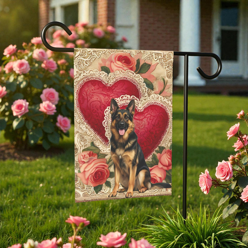 Two Heart German Shepherd Valentine Garden Flag