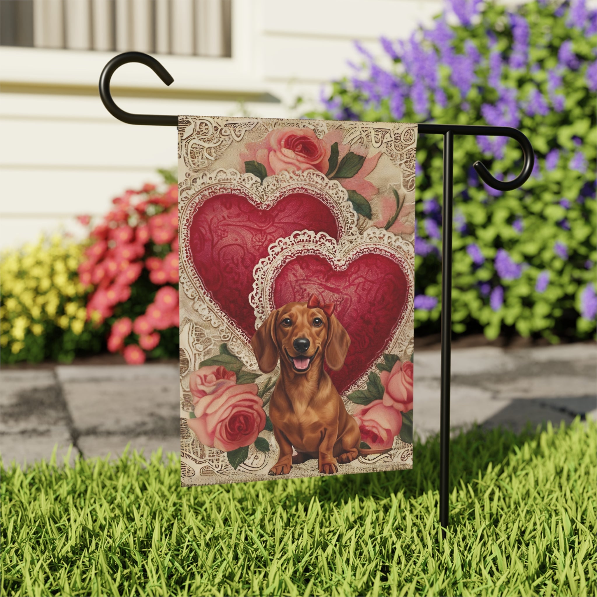 Two Heart Dachshund Valentine Garden Flag