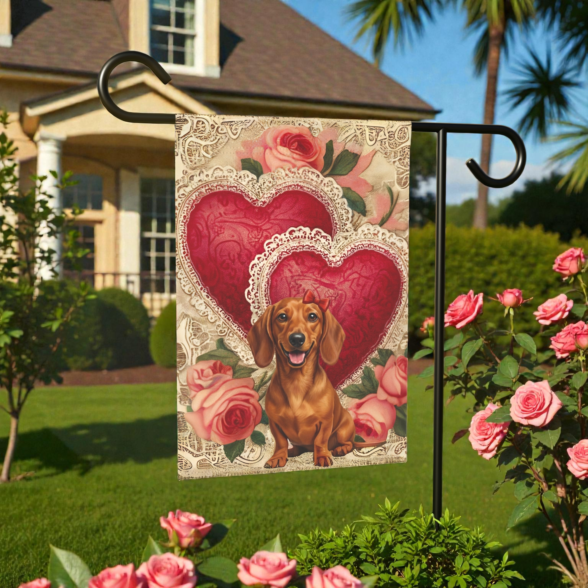 Two Heart Dachshund Valentine Garden Flag
