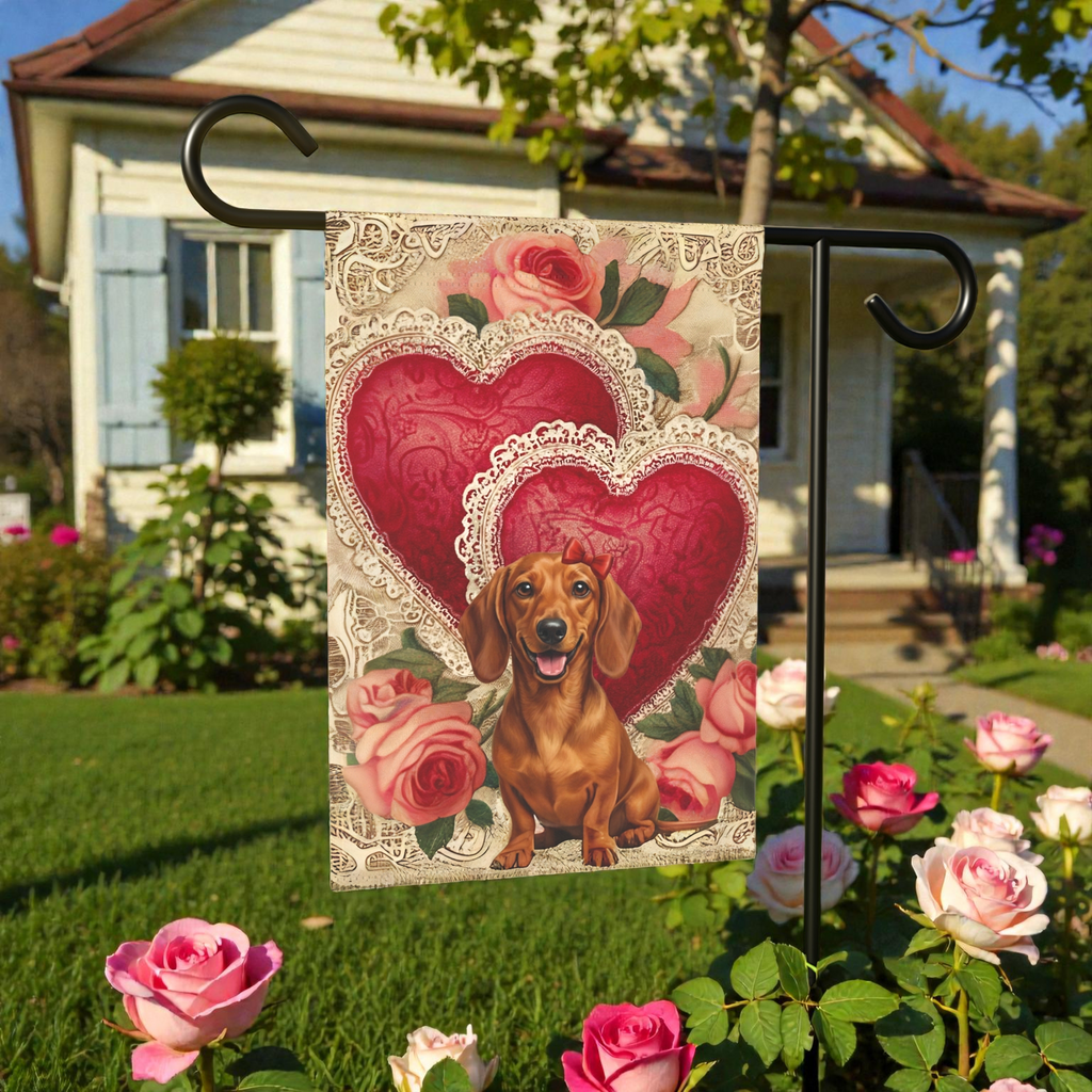 Two Heart Dachshund Valentine Garden Flag