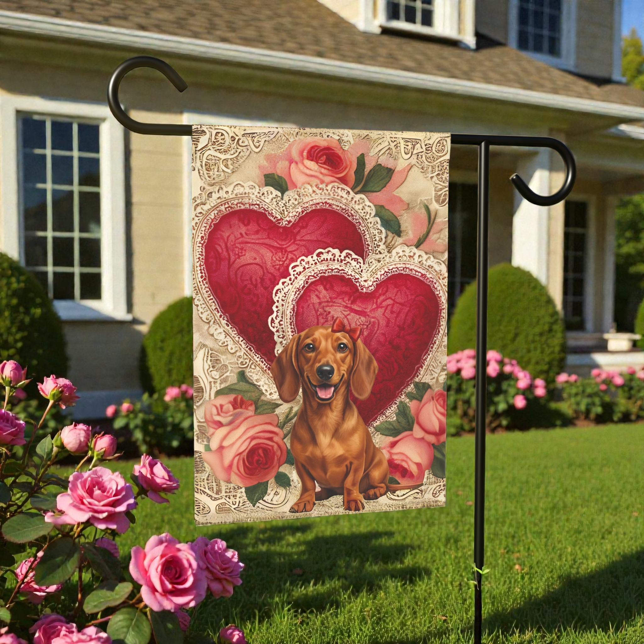 Two Heart Dachshund Valentine Garden Flag