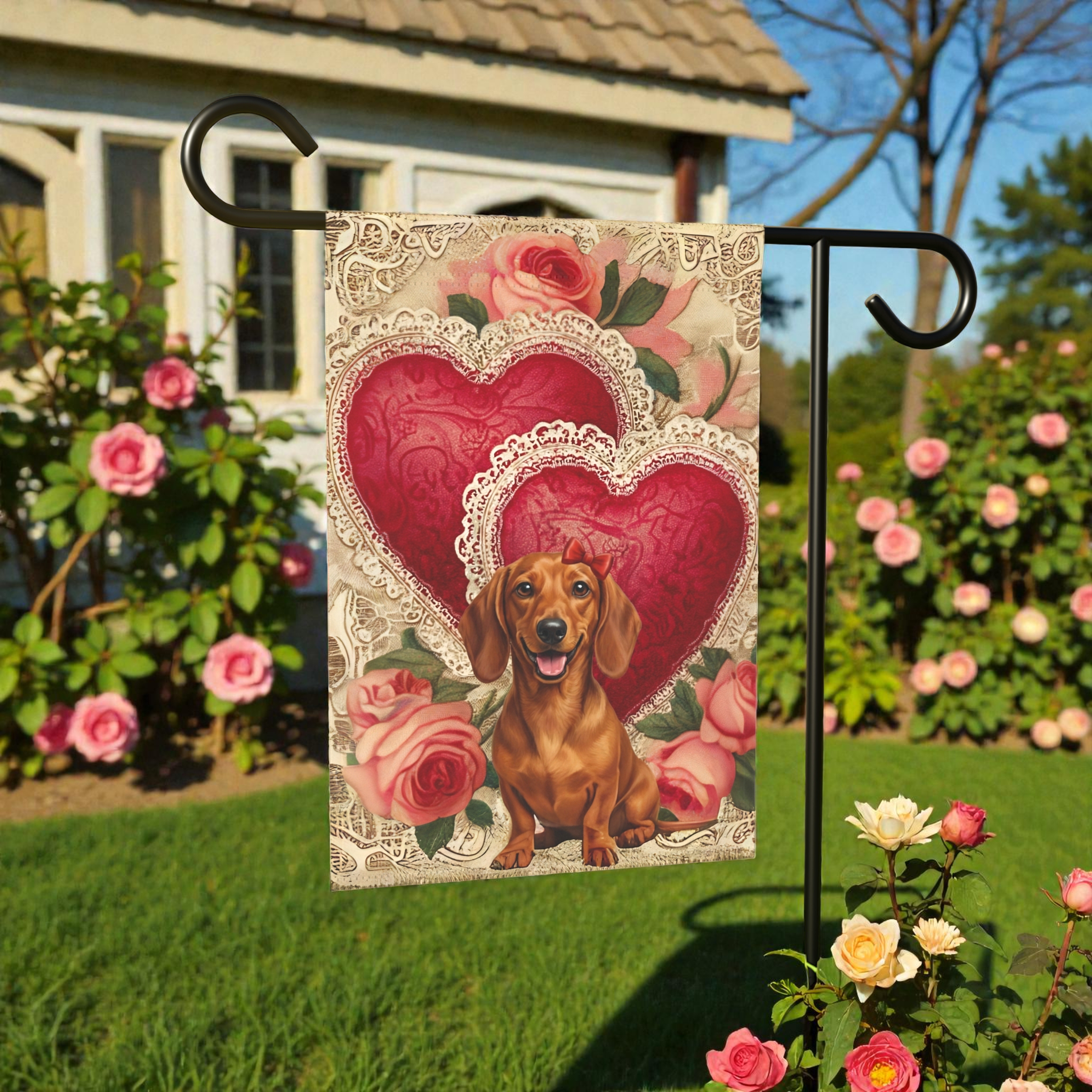 Two Heart Dachshund Valentine Garden Flag